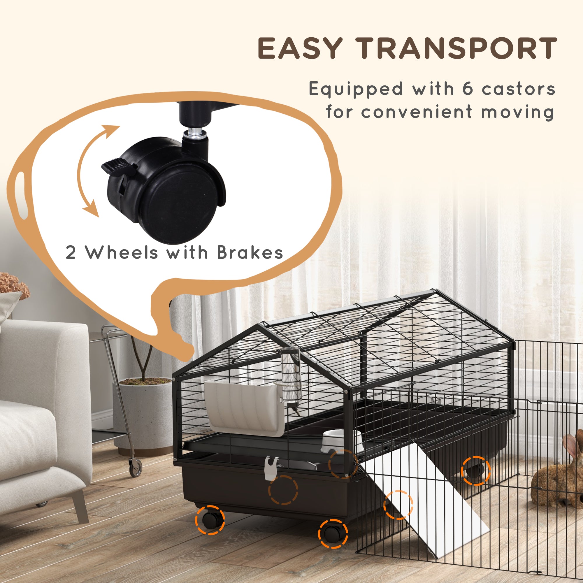 Small Animal Playpen Cage with Rolling Caster, Water Bottle 46.5" - Black and Beige - Image 6