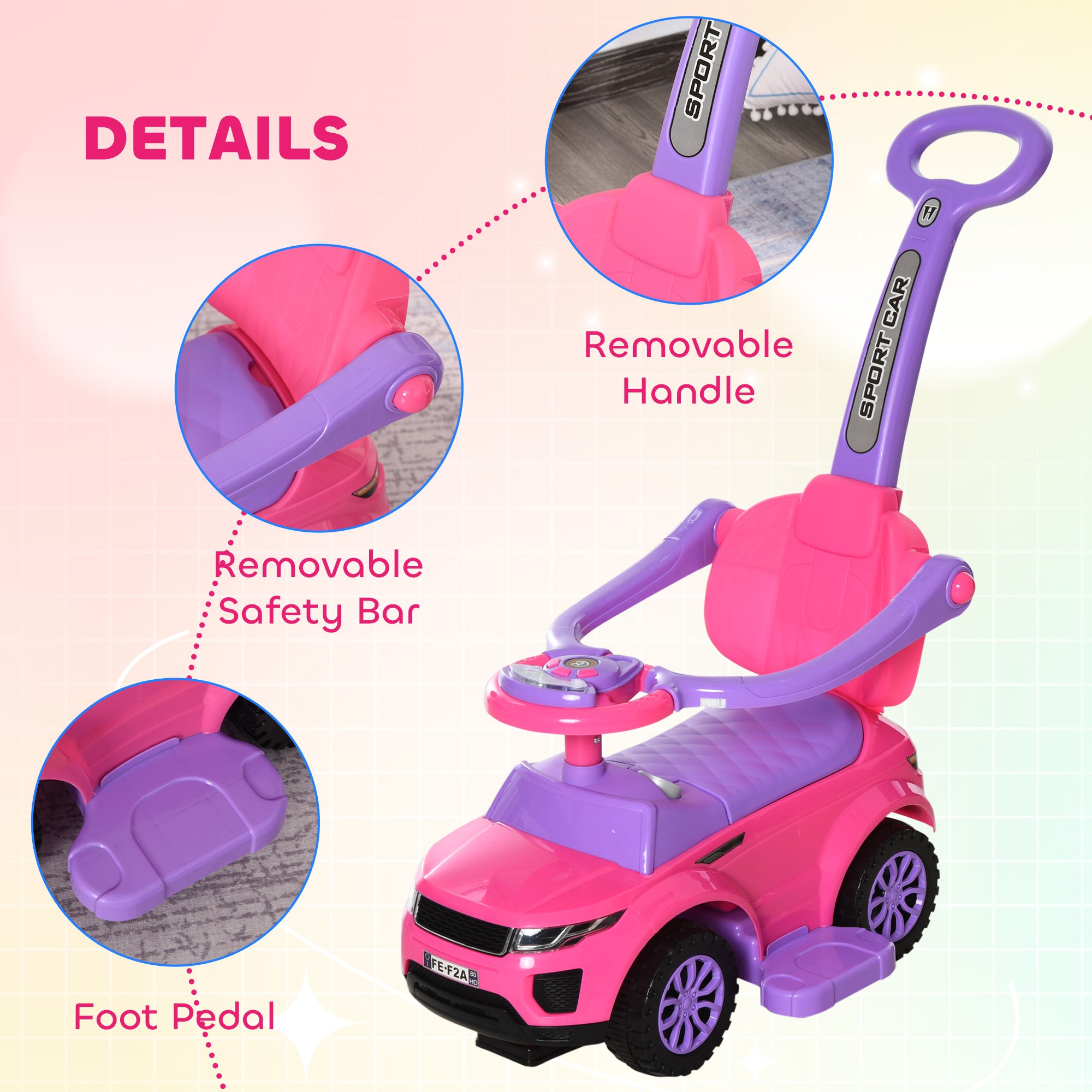3 In 1 Push Cars for Toddlers Kid Ride on Push Car Stroller Sliding Car with Horn Music Light Function Secure Bar Ride on Toy for Boy Girl 18-36 Months, Pink