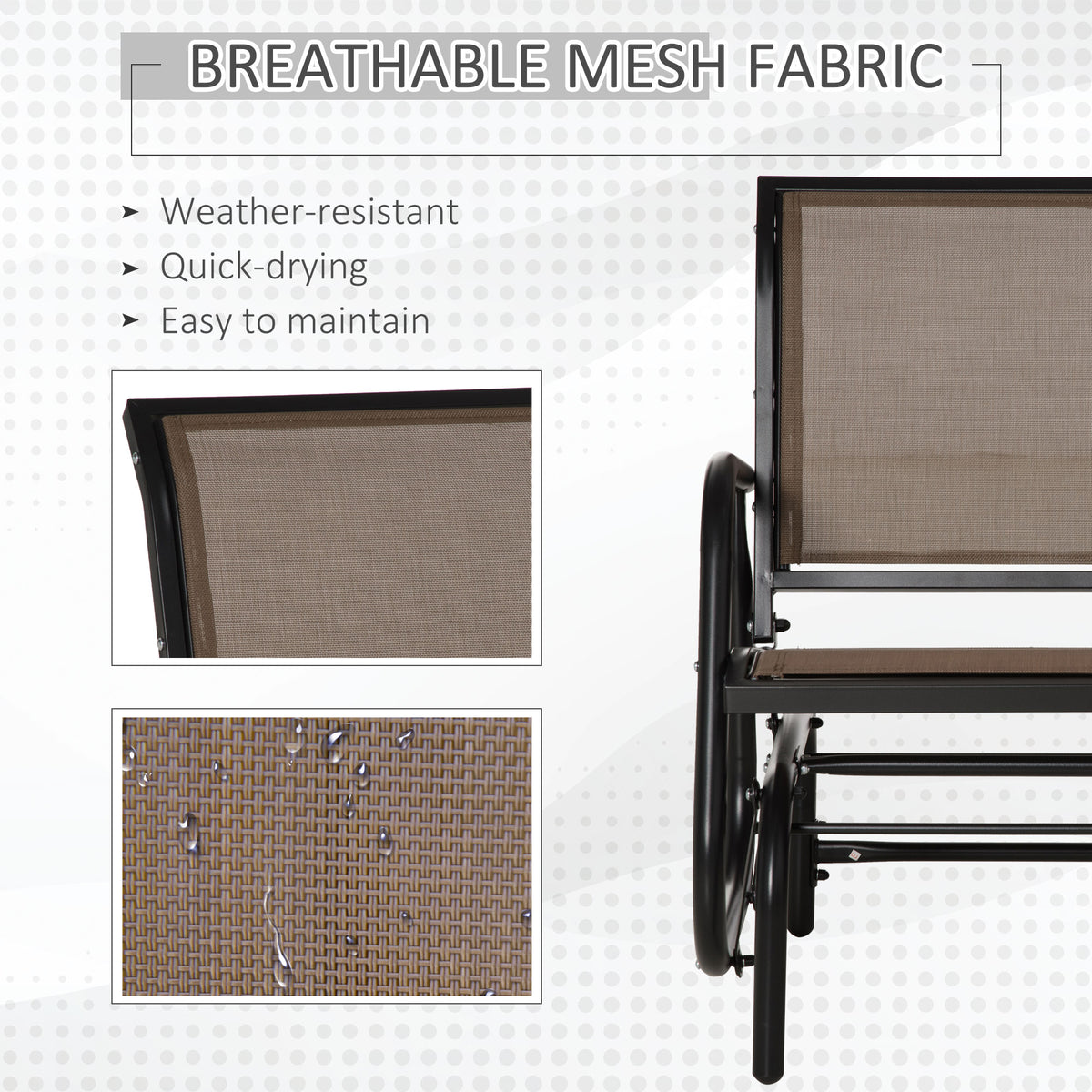 Porch Glider, Metal Frame Swing Glider Chair with Breathable Mesh Fabric, Curved Armrests and Steel Frame for Garden, Poolside, Backyard, Balcony, Brown