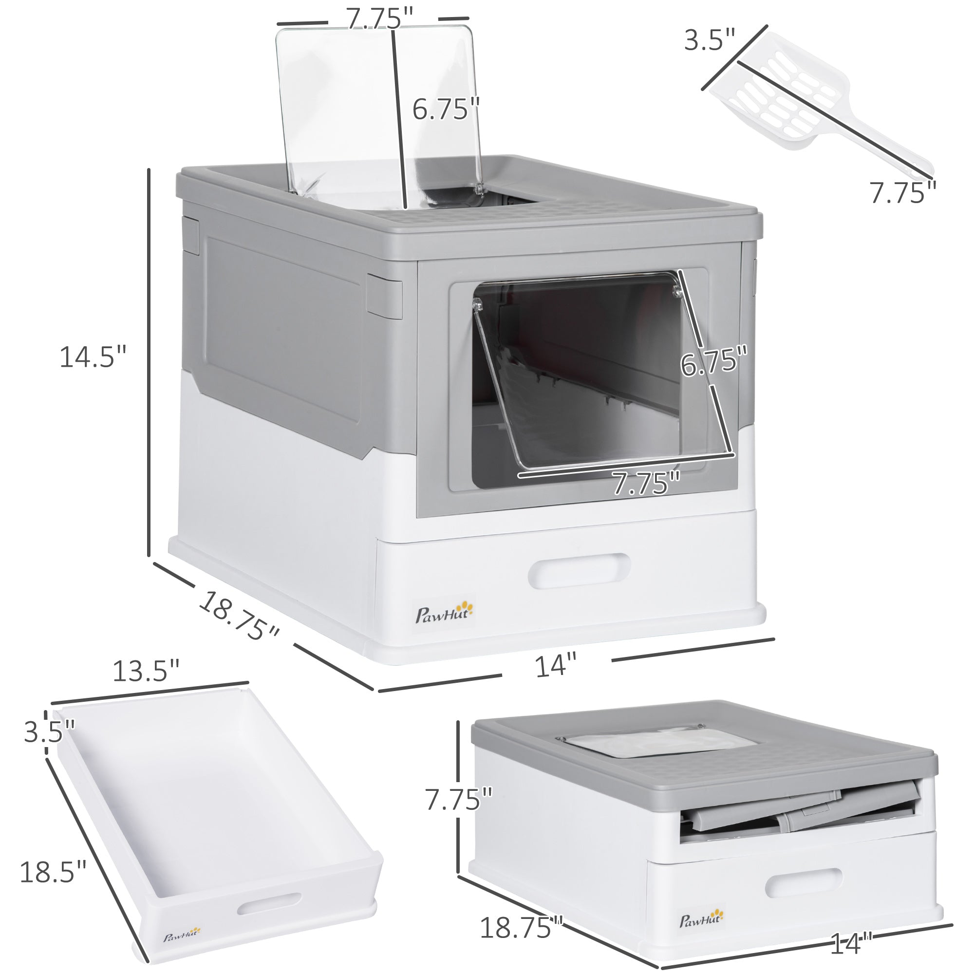 Fully Enclosed Cat Litter Box with Front Entry and Top Exit, Plastic, Gray & White - Gray - Image 3