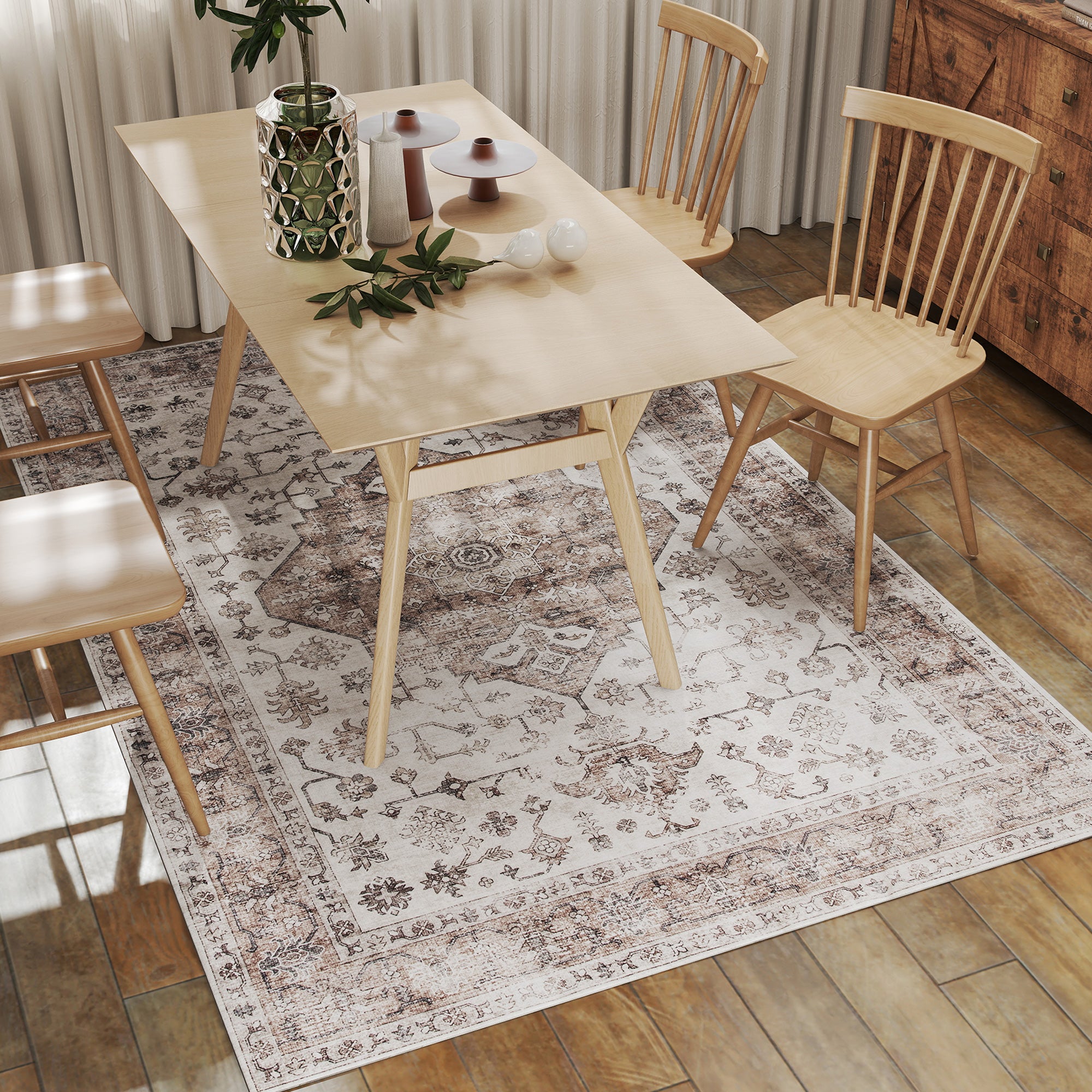 5x7 Area Rug, Vintage Machine Washable Rug, Non-Slip Floor Carpet for Living Room, Bedroom, Dining Room, Tan