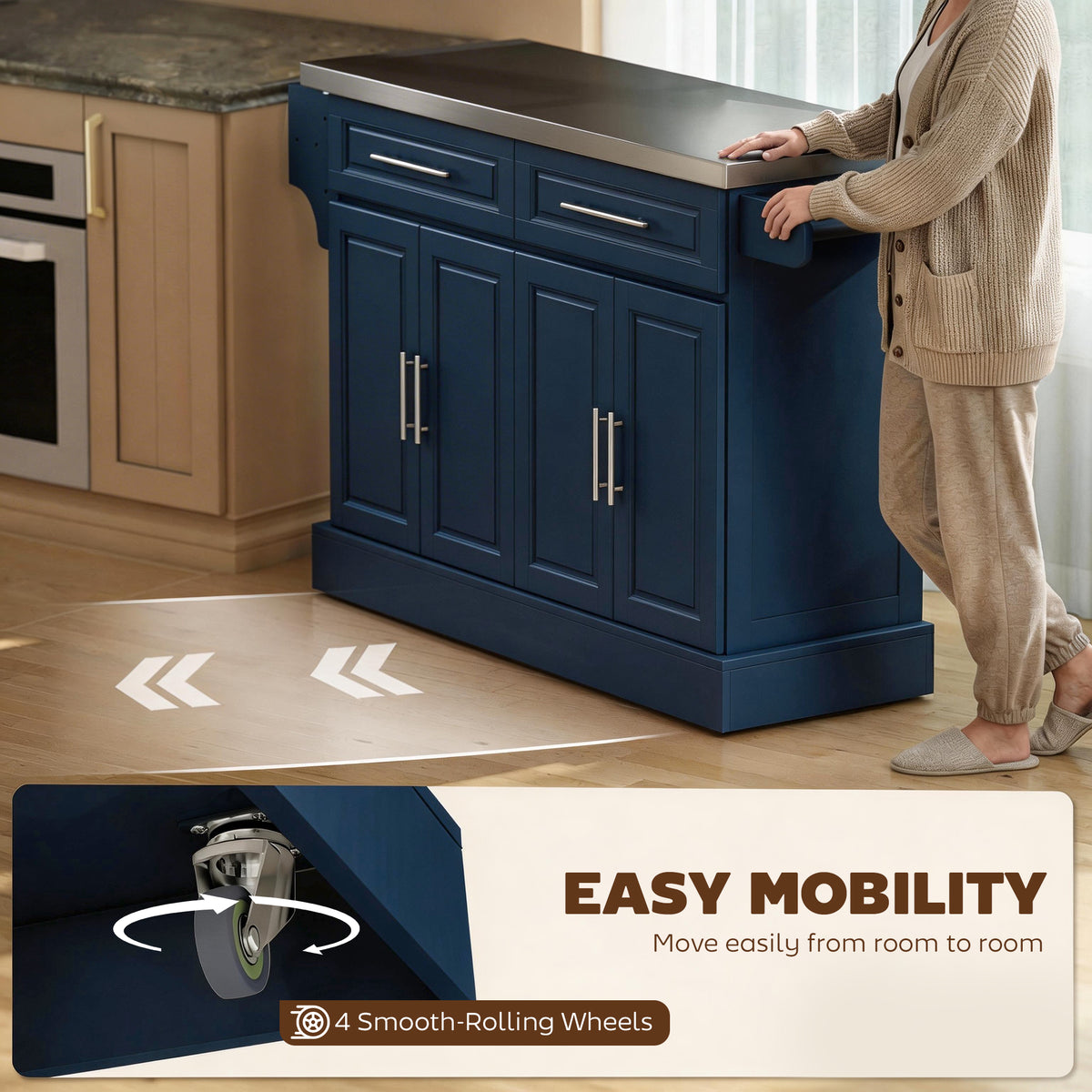 Rolling Kitchen Island with Stainless Steel Top, 2 Drawers, Spice, Knife and Towel Rack and Cabinets, Navy Blue