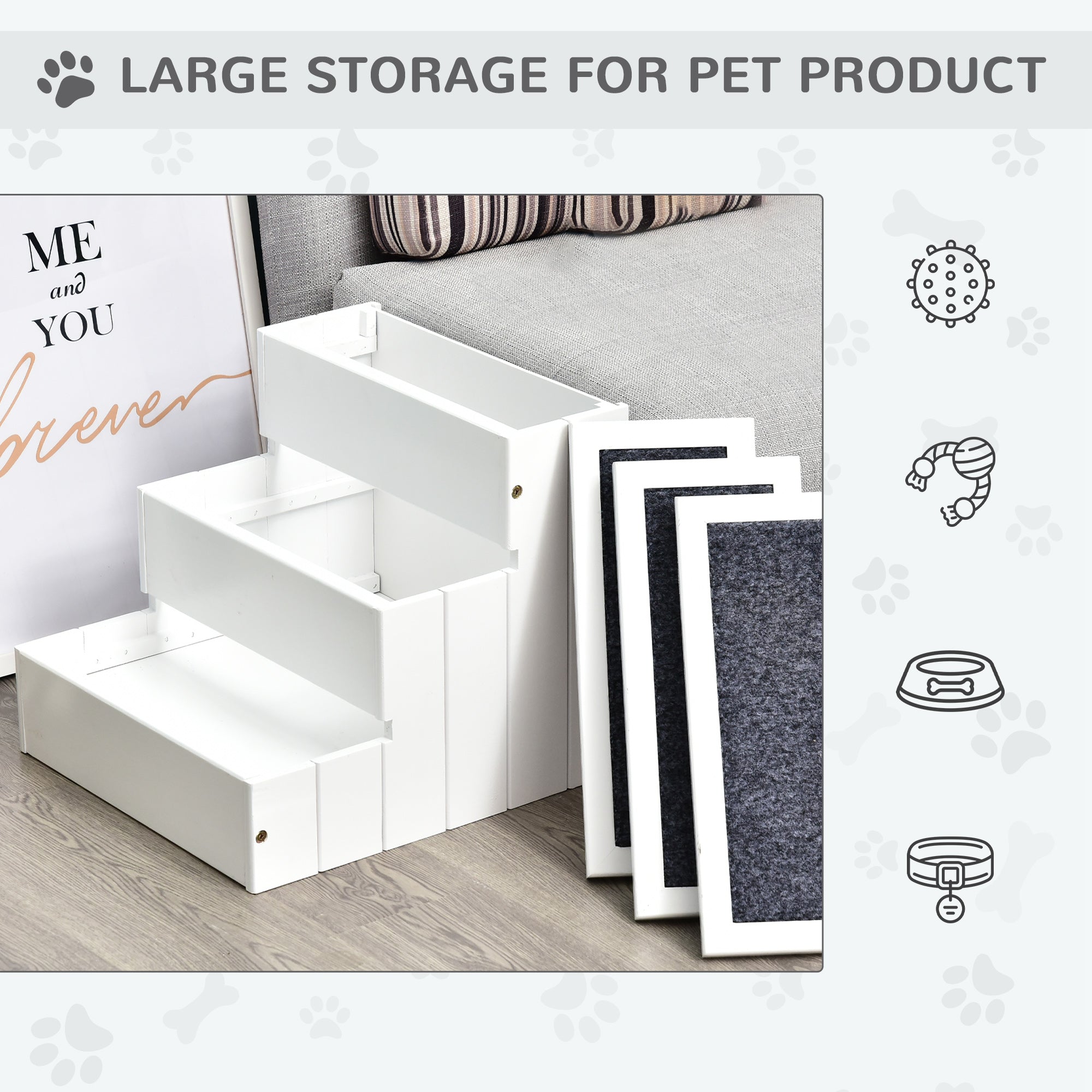 3 Step Wooden Carpeted Non Slip Pet Stairs Ramp for Cats and Small Dogs - White - White - Image 4