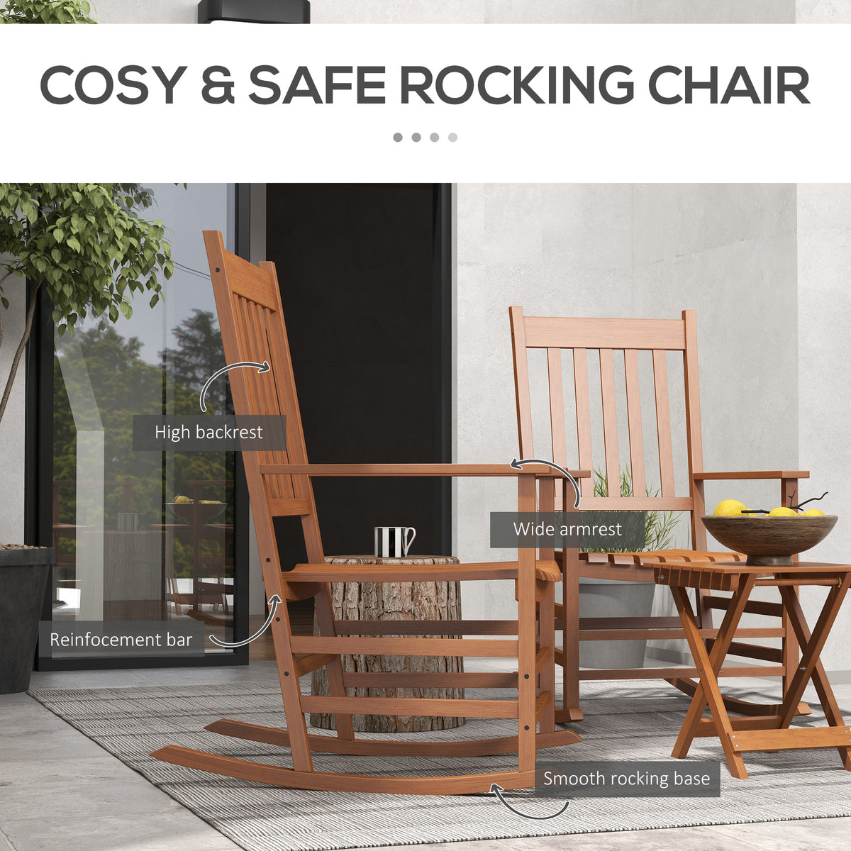 Outdoor Rocking Chair Set of 2 with Side Table, Patio Wooden Rocking Chair with Smooth Armrests, High Back for Garden, Balcony, Porch, Supports Up to 352 lbs, Teak
