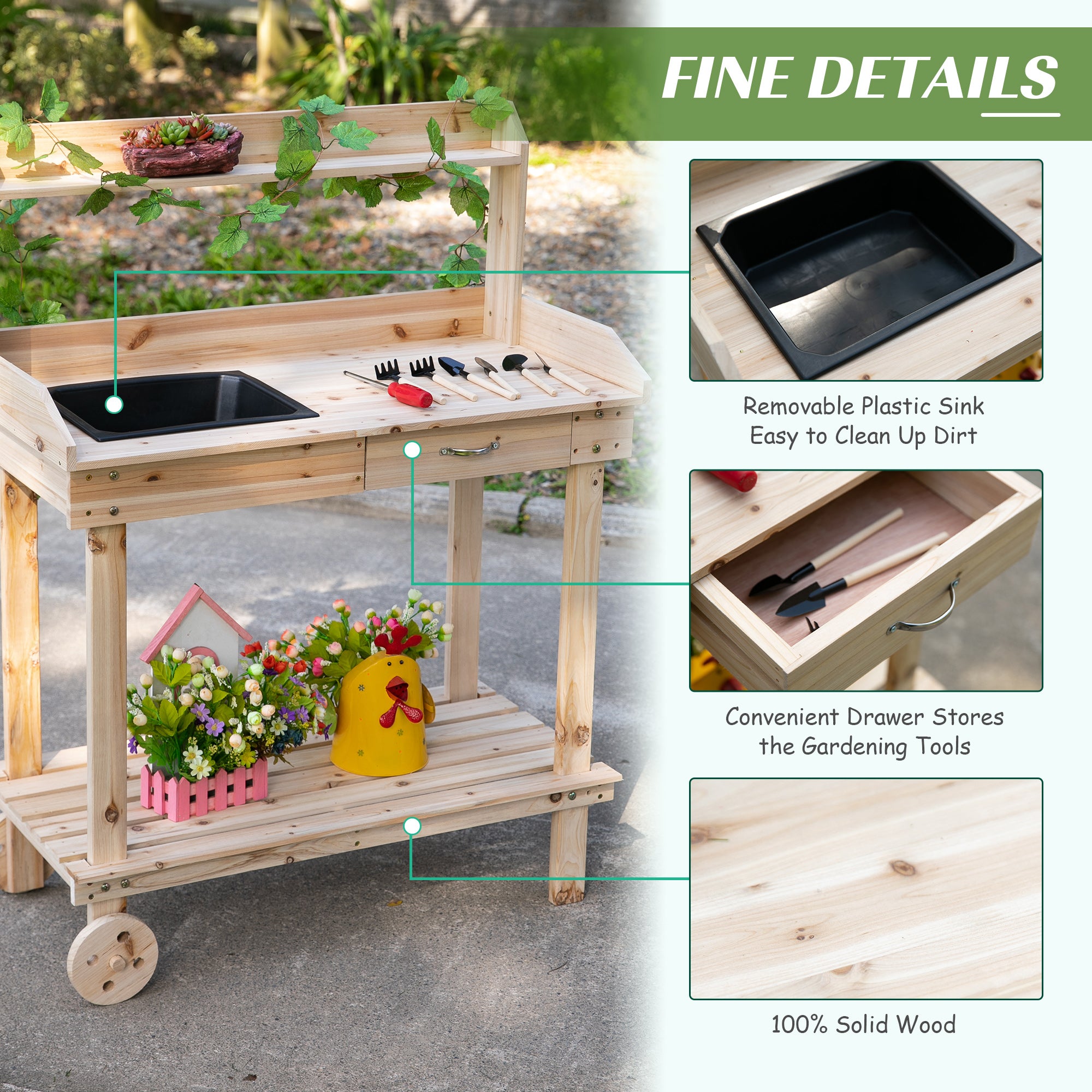 36" Wooden Potting Bench Work Table with 2 Removable Wheels, Garden Workstation with Removable Sink, Drawer & Large Storage Spaces, Natural - Natural Wood - Image 5
