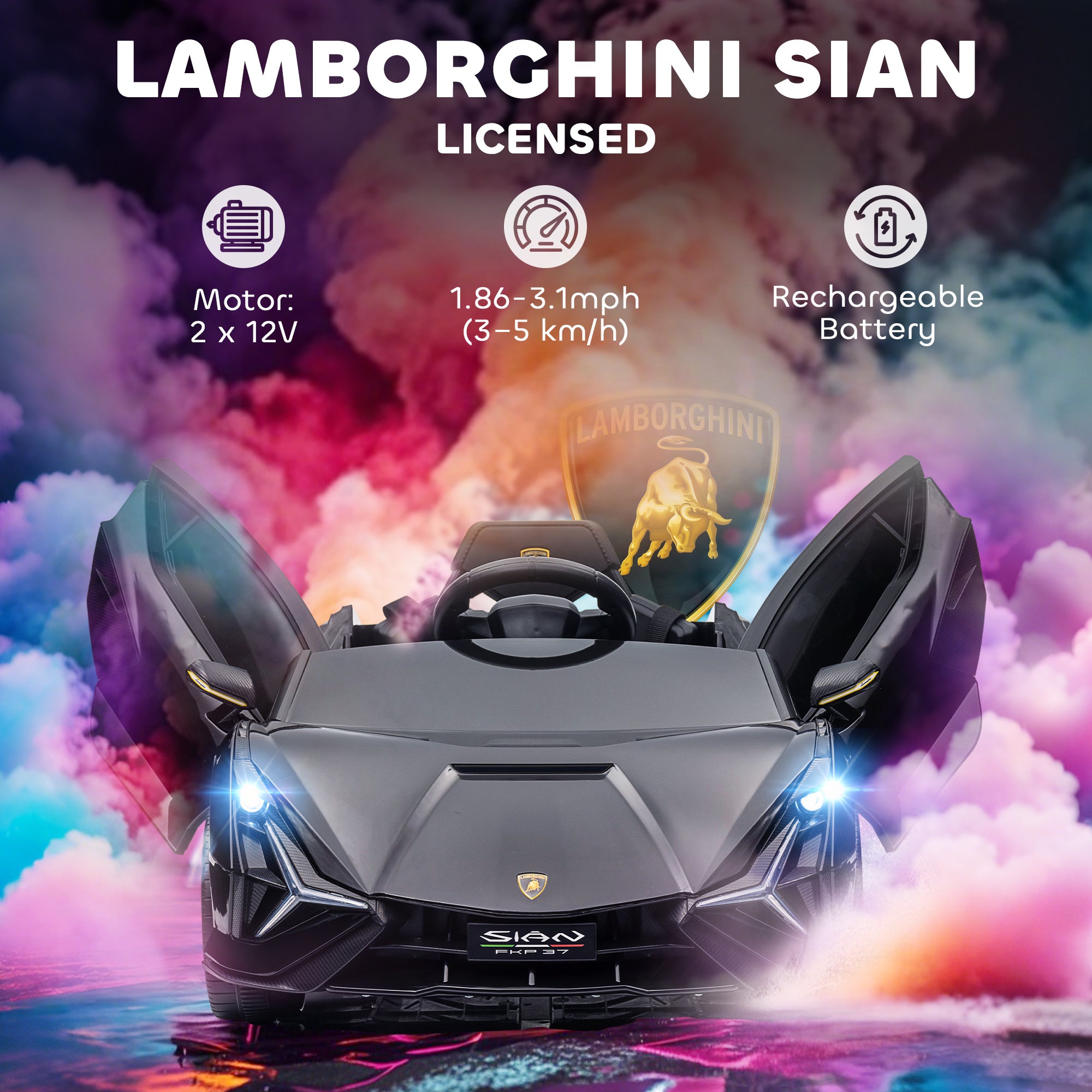 12V Lamborghini SIAN Licensed Electric Car for kids with Remote Control, Horn, Music, & Headlights, Black