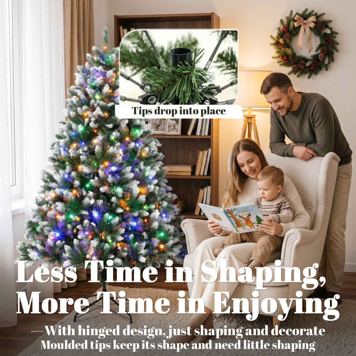 6ft Pre-lit Artificial Christmas Tree White-Tipped Hinged Full Xmas Tree with 1020 Tips