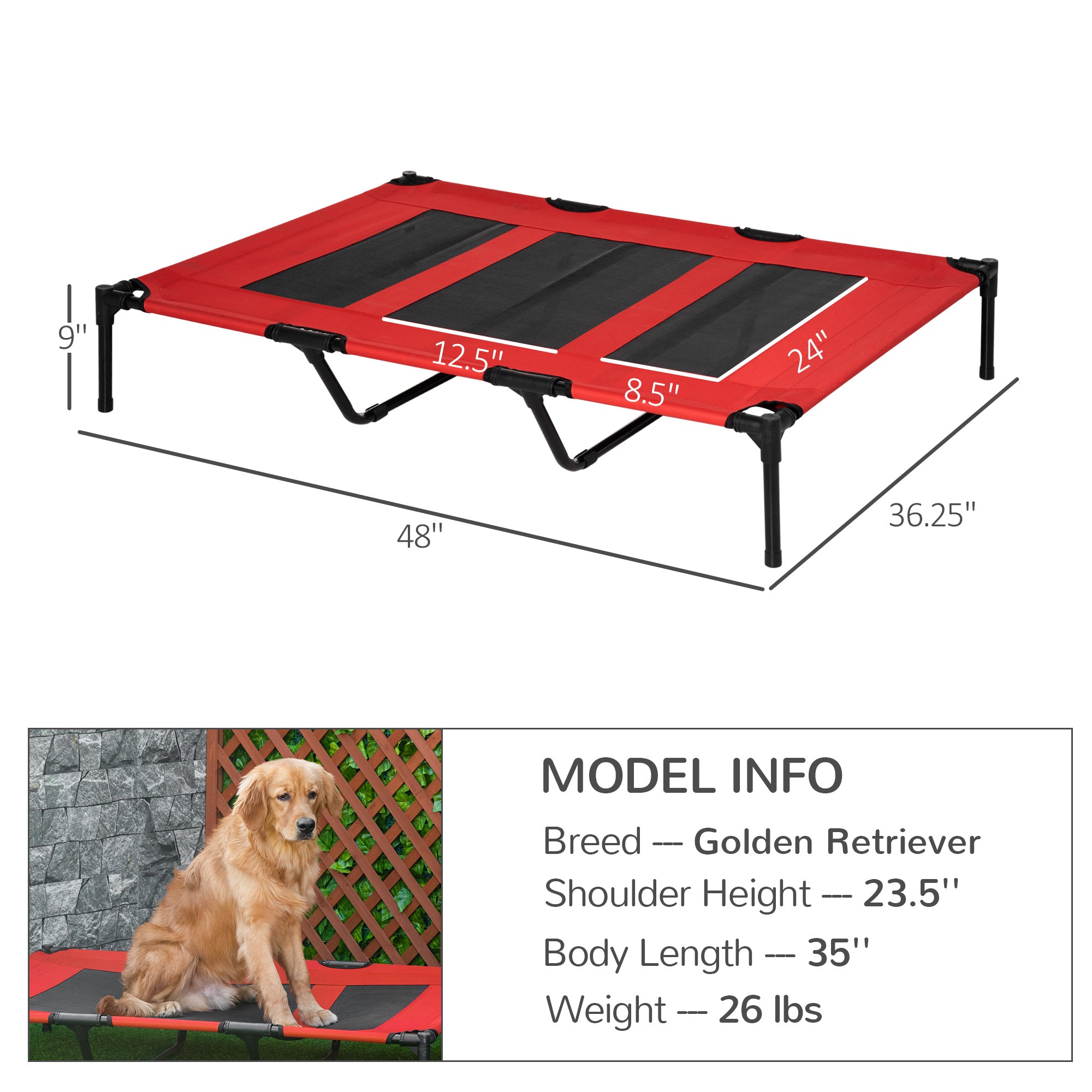 XL Elevated Dog Bed, Outdoor Raised Dog Bed, Portable Pet Cot w/Carry Bag Metal Frame Breathable Mesh Indoor and Outdoor Red - Red - Image 3
