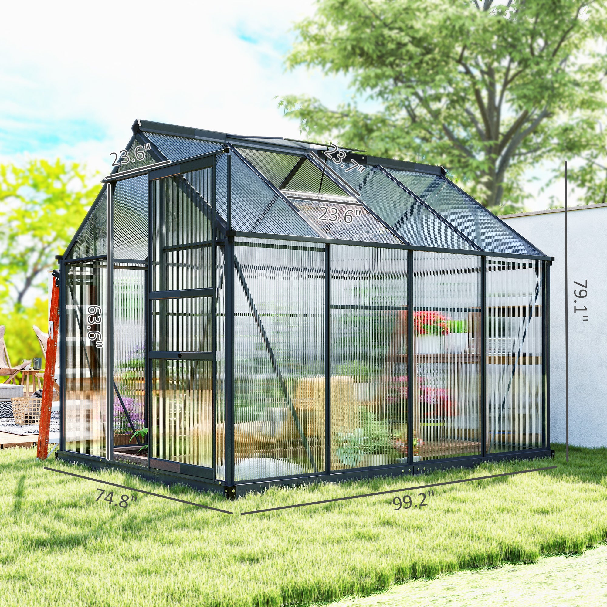 Polycarbonate Greenhouse, Heavy Duty Outdoor Aluminum Walk-in Green House Kit Vent Door, 6.2'x8.3'x6.6' Gray - Gray - Image 3