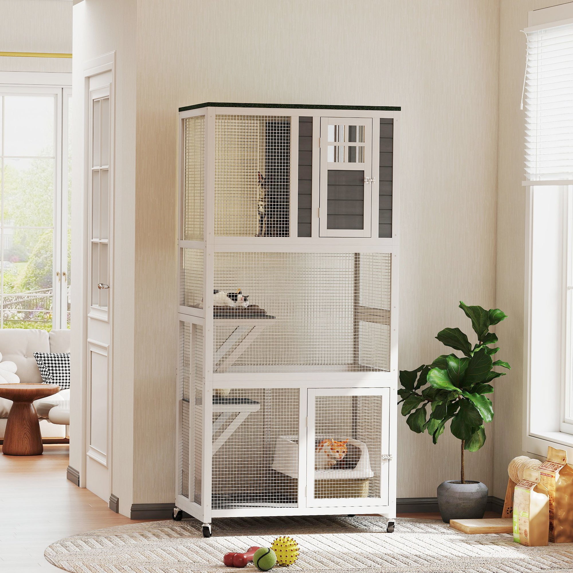 74" Wooden Catio Outdoor Cat Enclosure Weatherproof & Wheeled, Outside Cat House with High Weight Capacity, Kitten Cage Condo, White - Dark Gray - Image 2