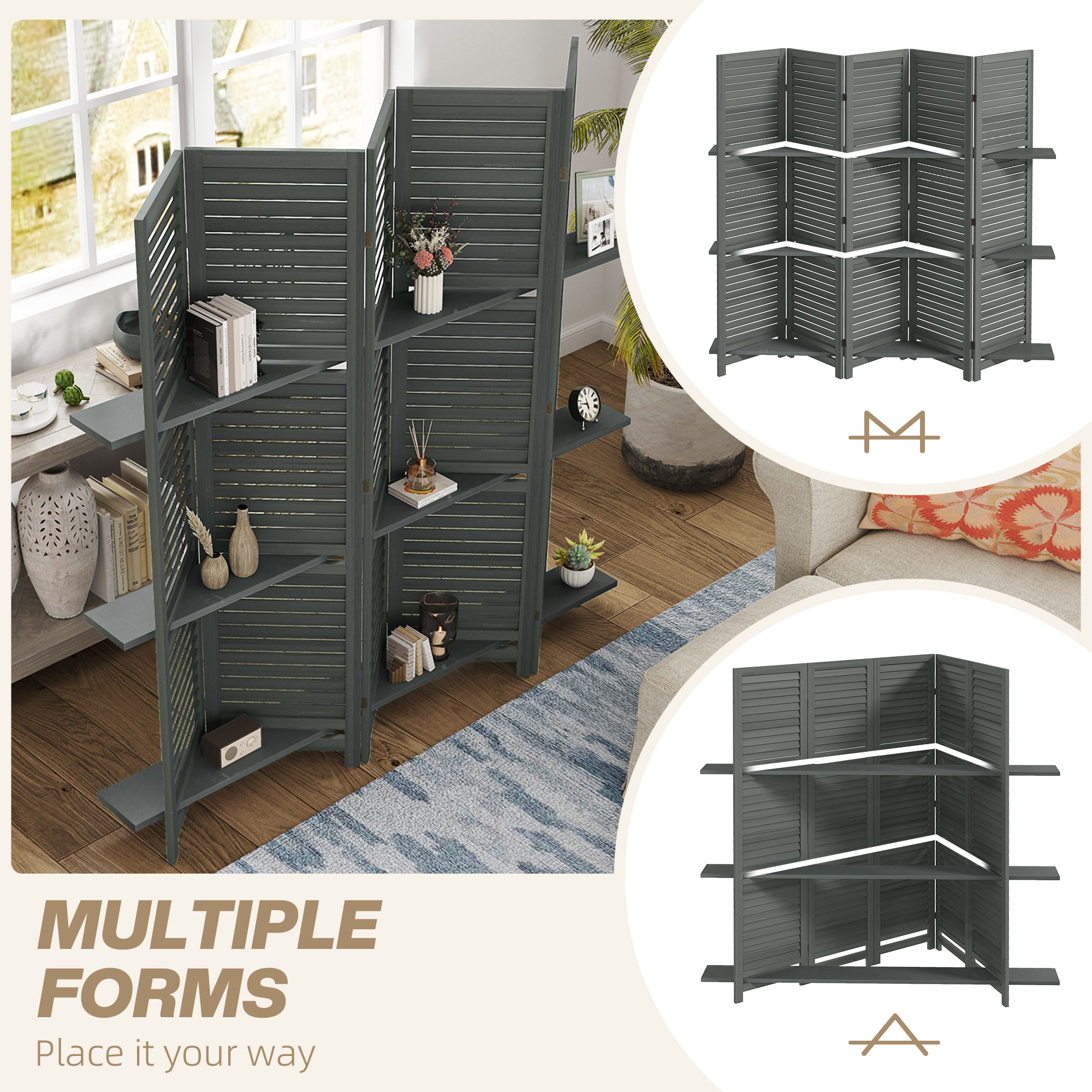 5 Panel 67" Tall Wood Privacy Screen Room Divider with 3 Shelves and Folding Storage for Bedroom, Gray