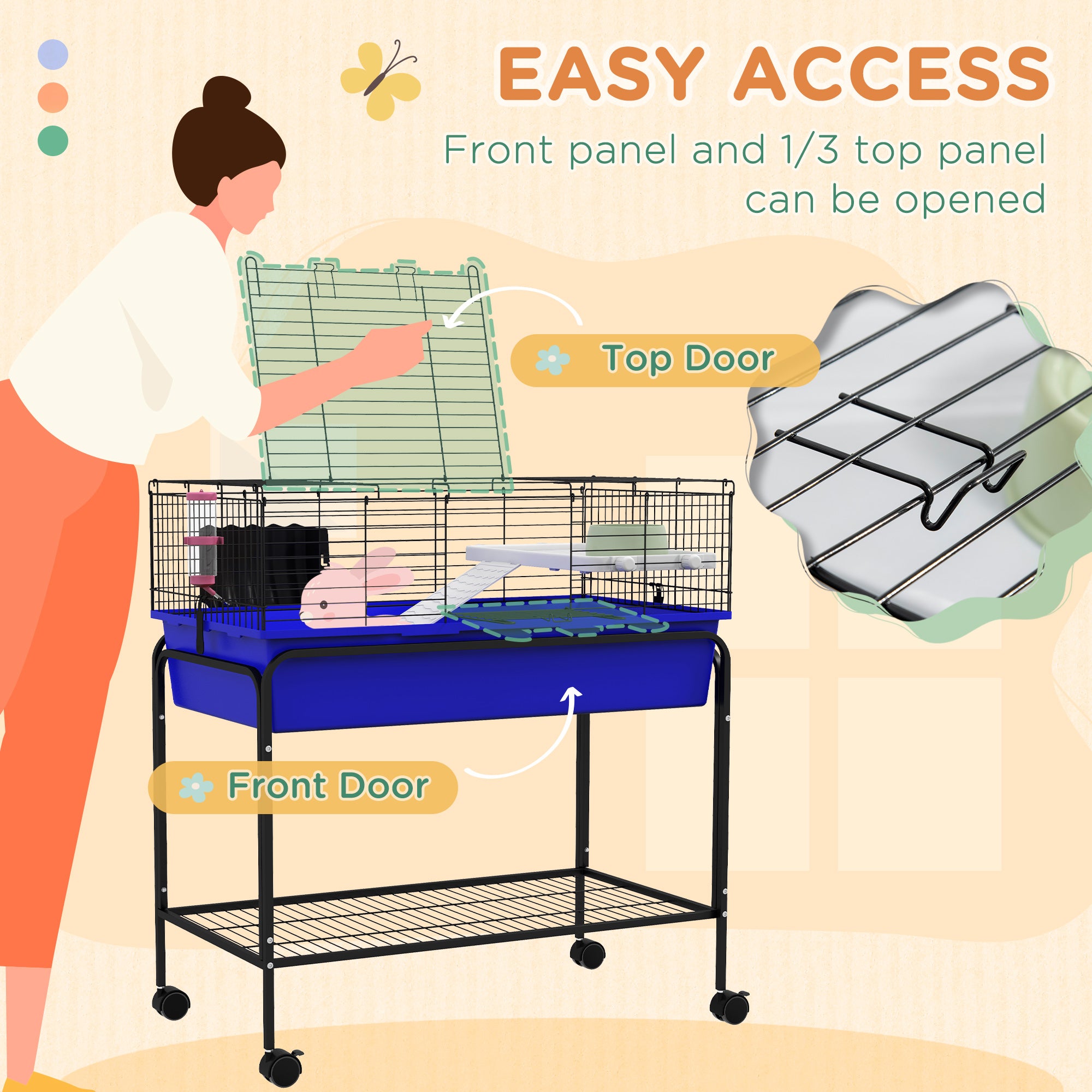 Two-Story Small Animal Cage Removable from Stand, Pet Habitat with Shelf & Wheels, 33" x 18.5" x 35", Blue - Blue - Image 6