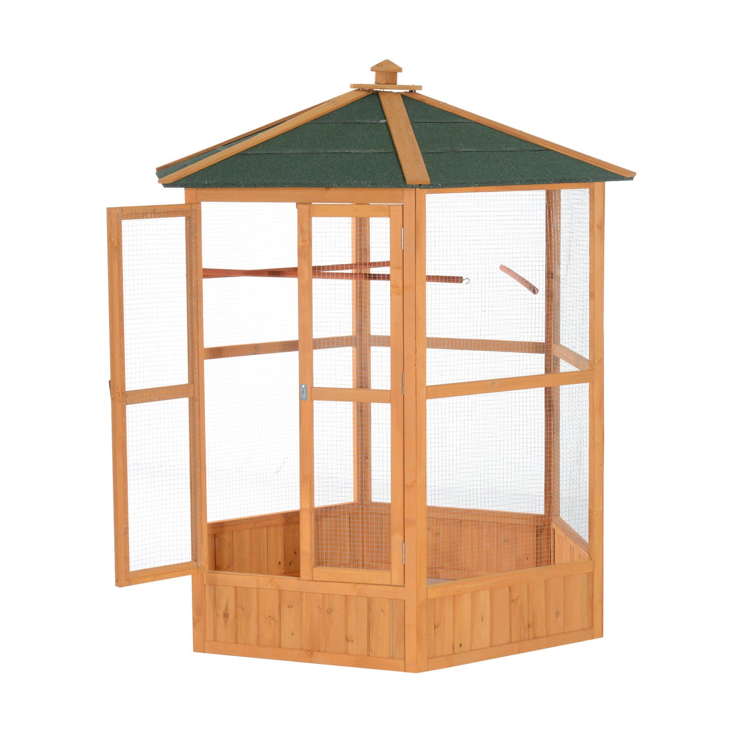 69" Wooden Hexagonal Outdoor Aviary Flight Bird Cage With Covered Roof, Brown - Brown - Image 4
