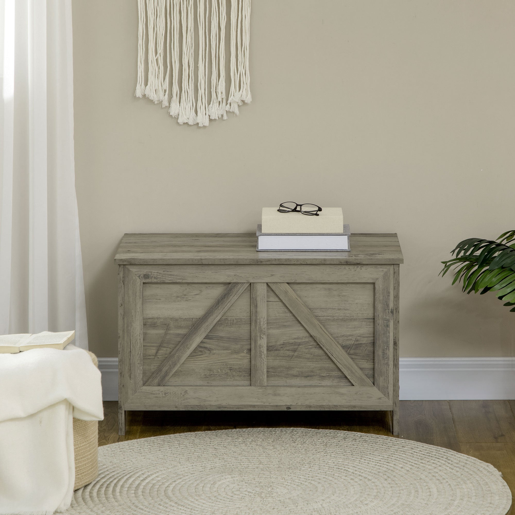 30" Farmhouse Storage Bench, Lift Top Storage Chest with Safety Hinge to Open Up 100°, Wooden Trunk for Bedroom, Entryway, Living Room, Gray