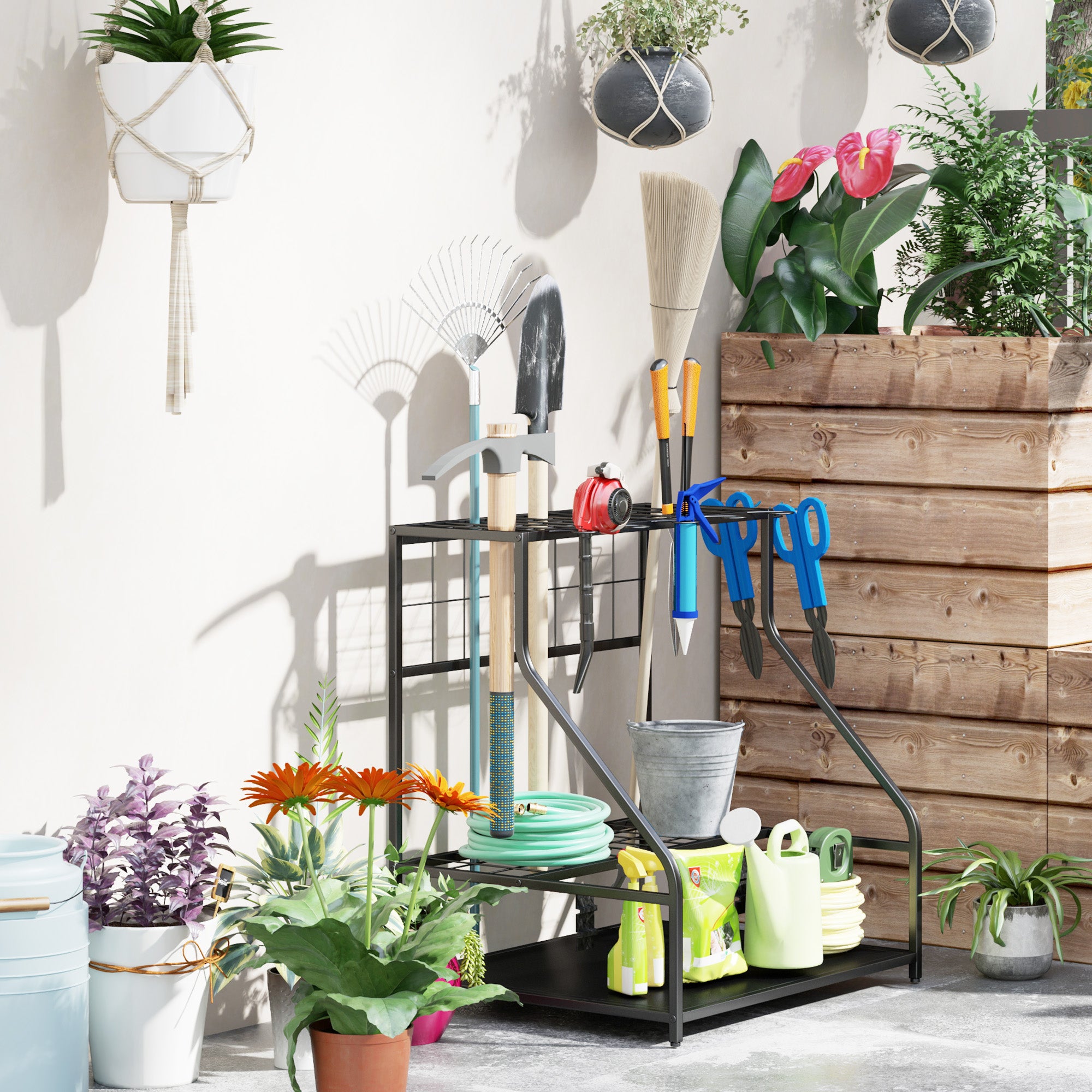 3-Tier Yard Tool Storage Rack, Garden Tool Organizer with Hooks for Long-Handled, Broom, Shovel, Blue - Blue - Image 8