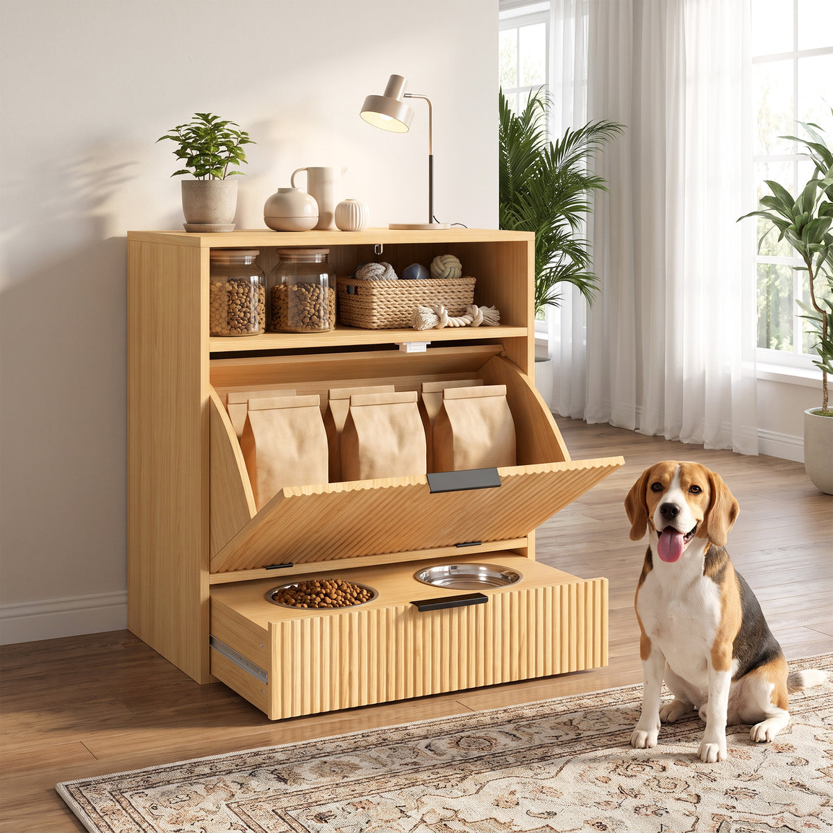 Dog Feeding Station with Storage, Hidden Pet Feeding Station with 2 Elevated Bowls, Tilt Out Storage Cabinet