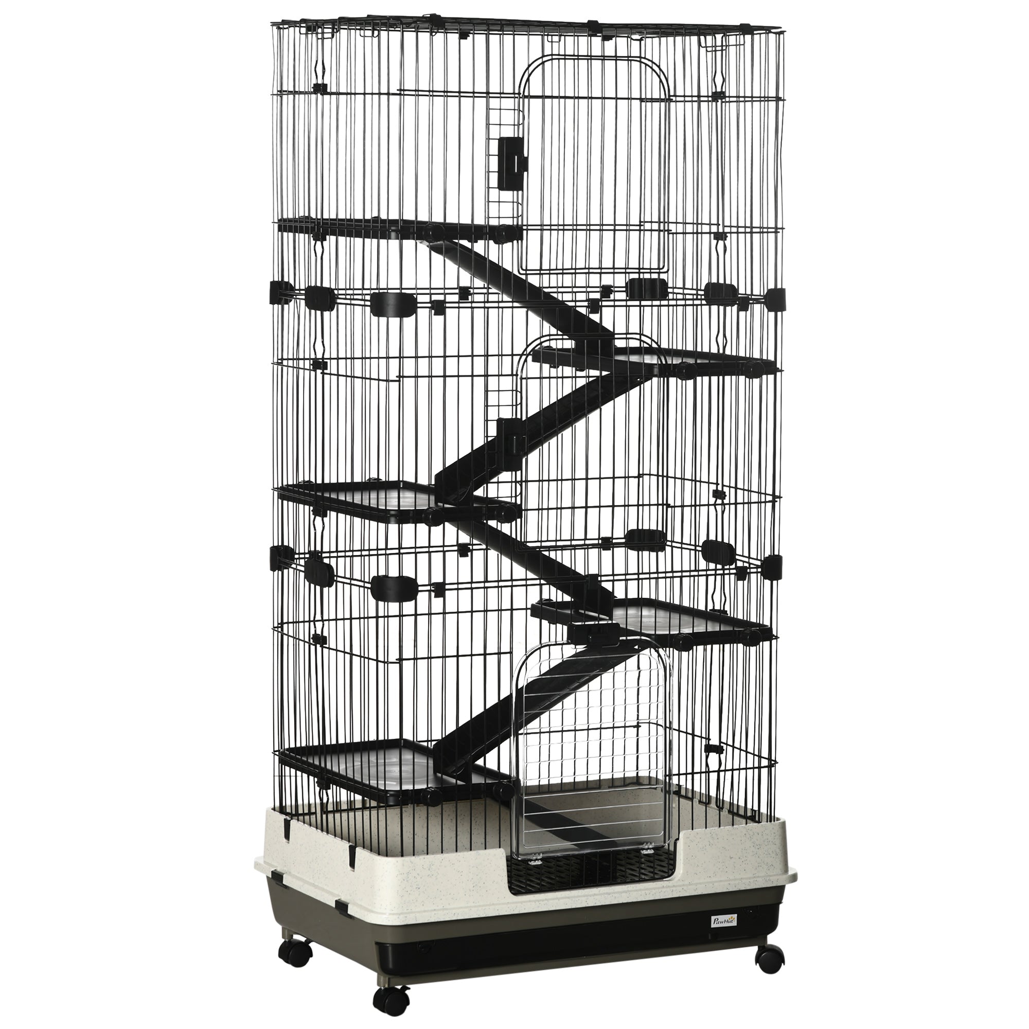 32"L 6-Level Small Animal Cage Rabbit Hutch with Universal Lockable Wheels, Slide-out Tray for Bunny, Chinchillas, Ferret, Black - Black