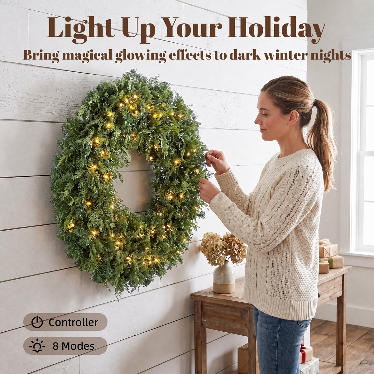 36" Prelit Crestwood Spruce Artificial Christmas Wreath, Christmas Decor with Bow, LEDs, 8 Modes, Realistic Tips