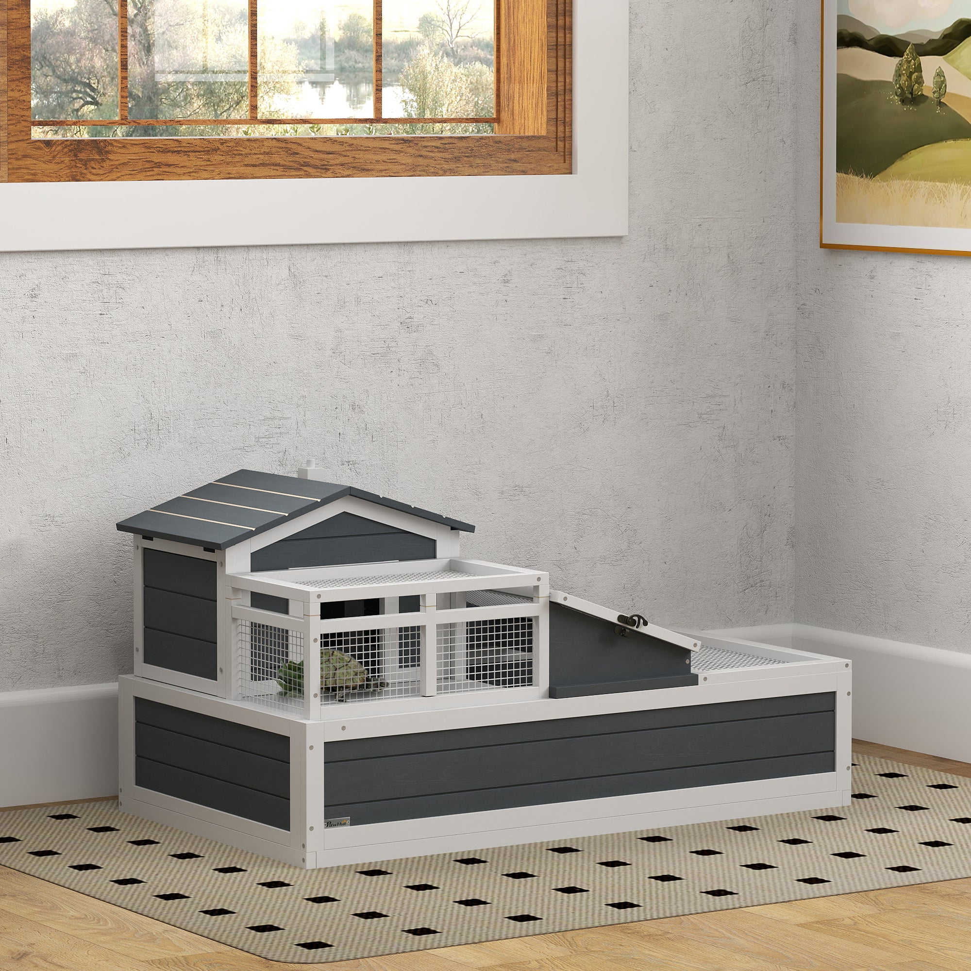 3-Room Tortoise Habitat House w/ Balcony & 2 Stories, 44" x 25.5" x 23", Gray - Gray - Image 2