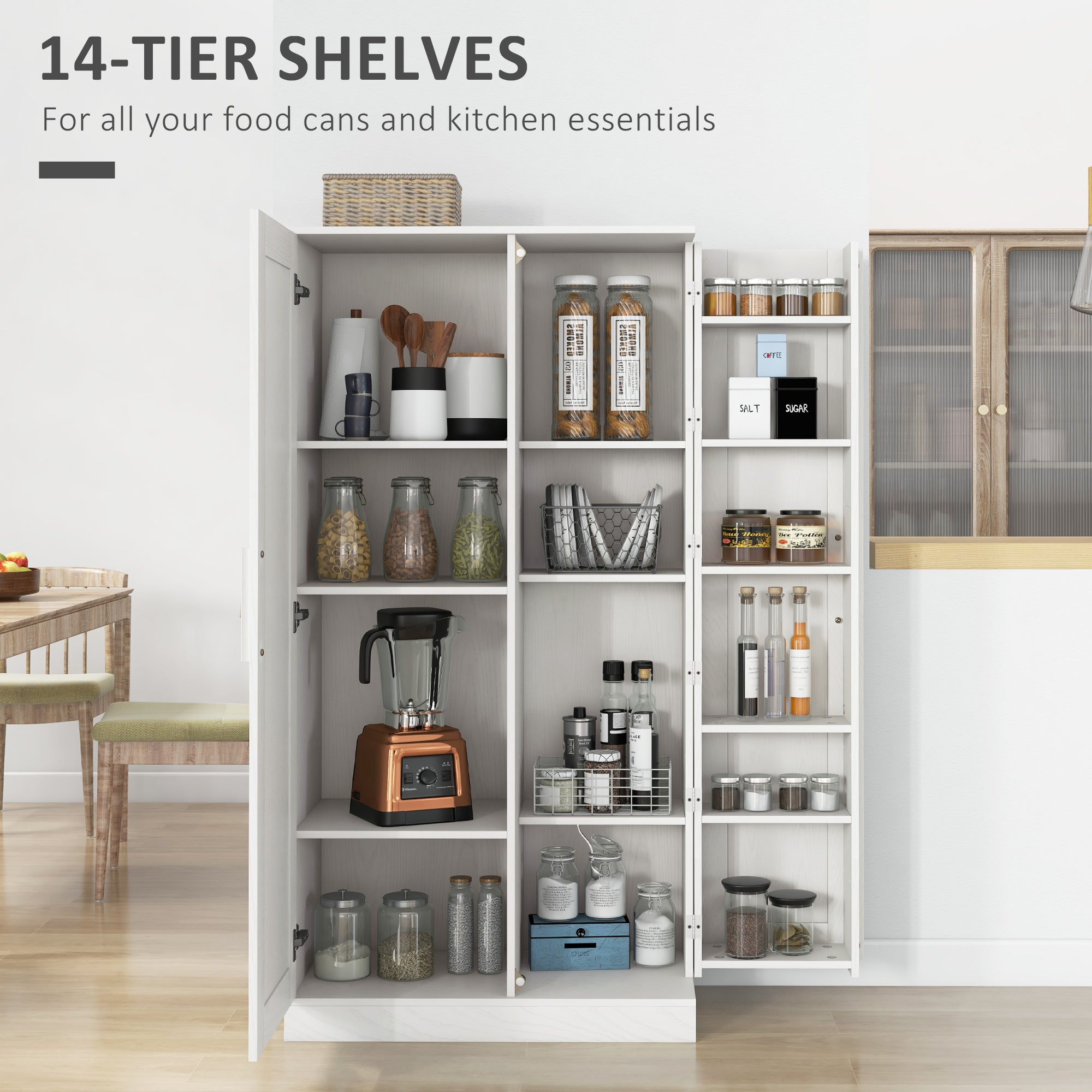Kitchen Pantry Storage Cabinet, 14-Tier Freestanding Kitchen Cupboard for Living Room, Dining Room Storage, White