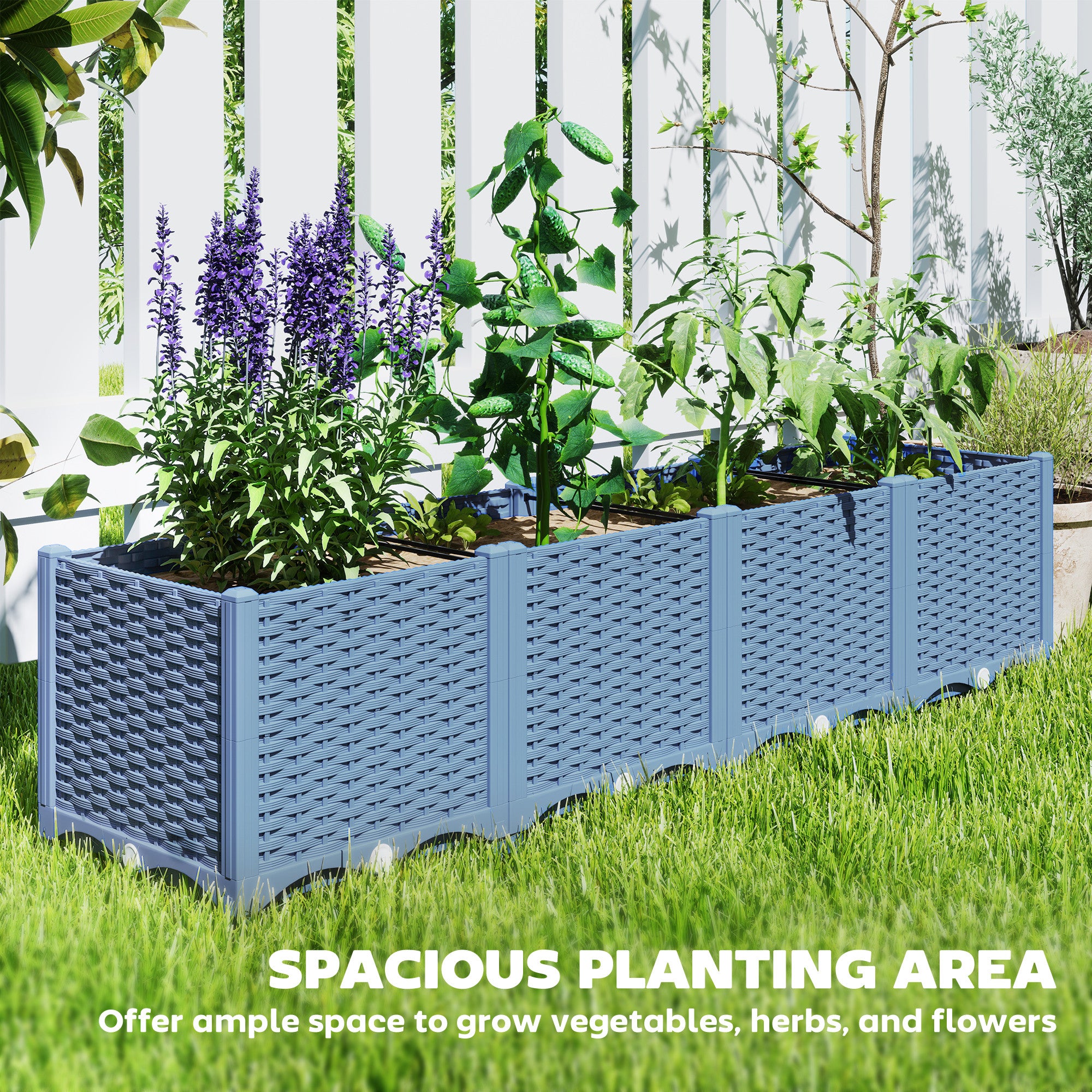 Plastic Raised Garden Bed, 5 x 1 x 1 ft Outdoor Flower Box with Drainage Holes for Vegetables, Herbs, Blue - Blue - Image 4