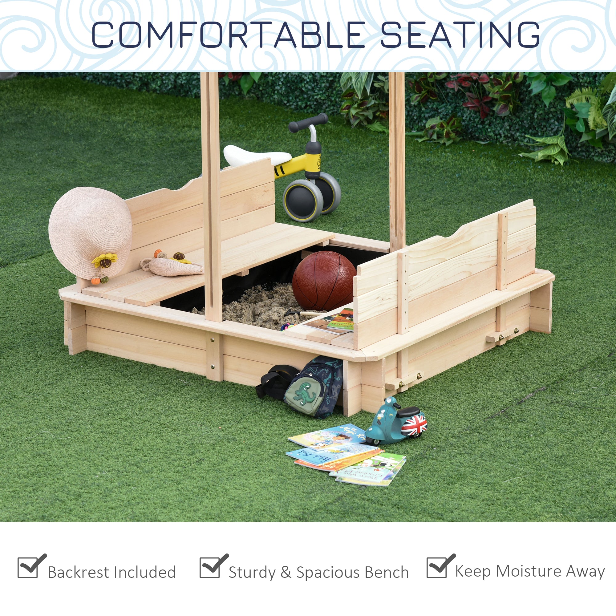 Covered Sandbox, Wooden,with Cover Adjustable Canopy, Detachable Seats and Backrests, Kids Sandbox with Convertible Bench Seat, Bottom Liner, Natural Blue