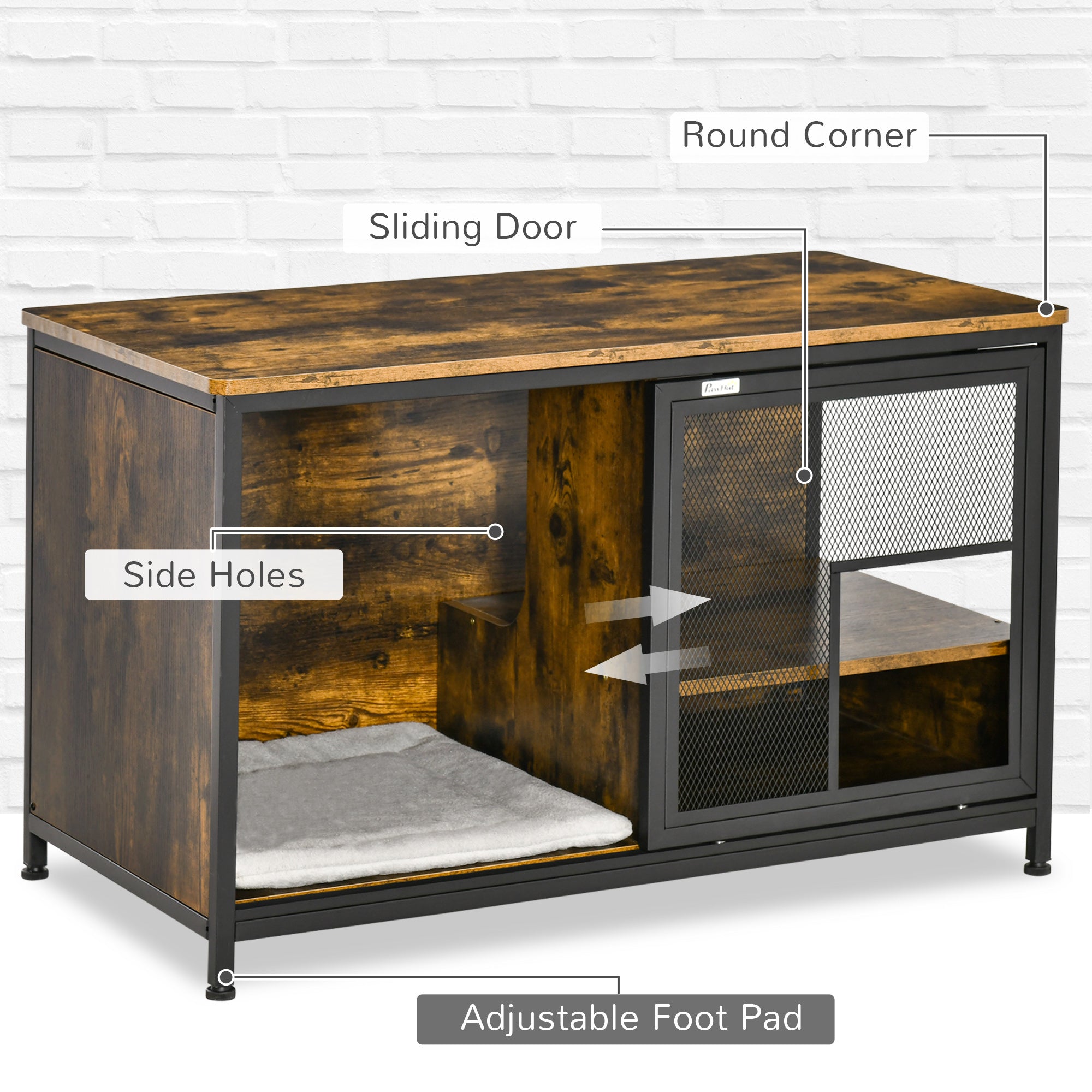 Wooden Cat Crate, Furniture Style Dog Cage, Puppy Kennel Indoor, End Table Pet House with Cushion and Sliding Doors, Rustic Brown - Rustic Brown - Image 6