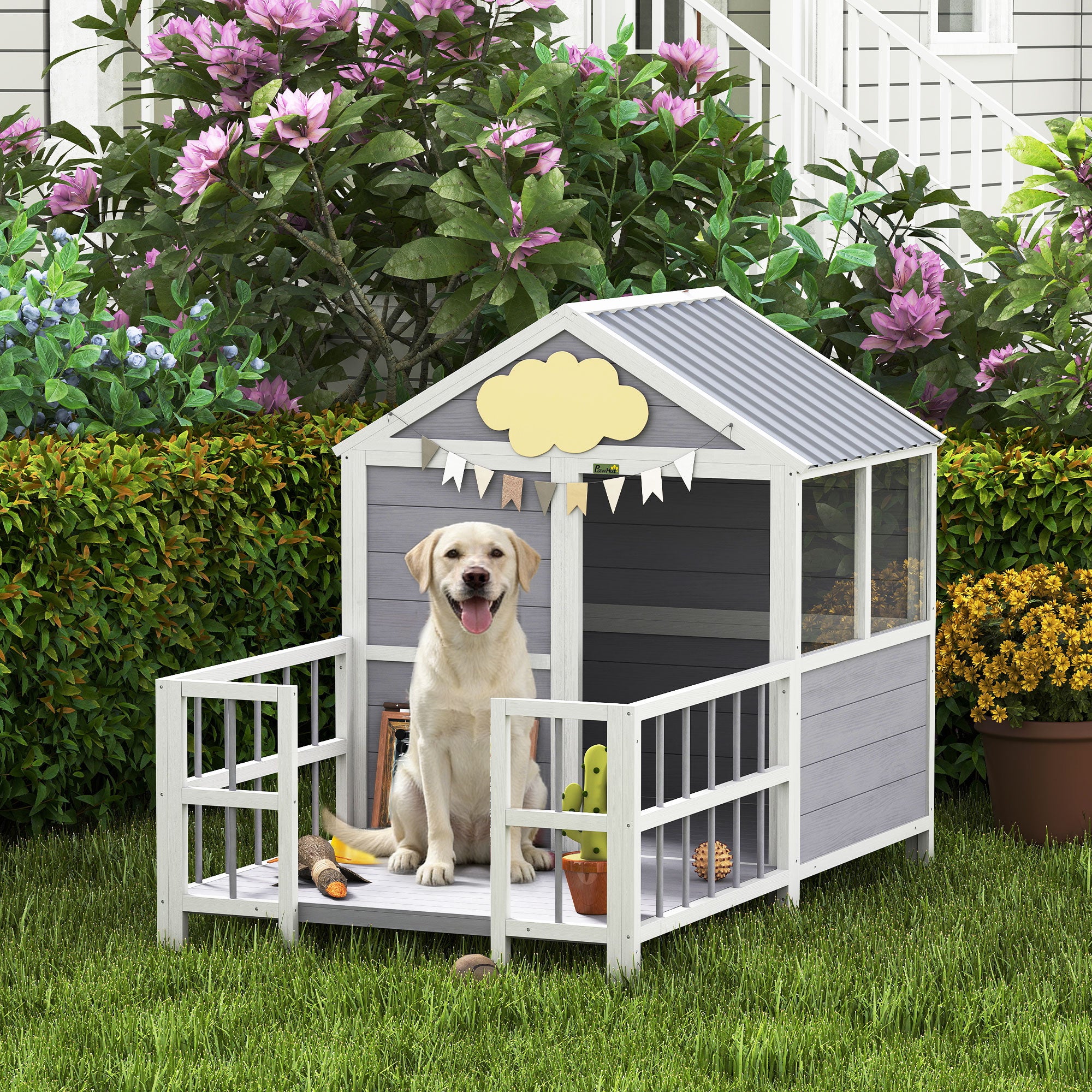 Outdoor Dog House, 61"L Wooden Dog House with Porch, Weatherproof Roof, Elevated Base, Air Vents & Observation Windows - Gray - Image 2