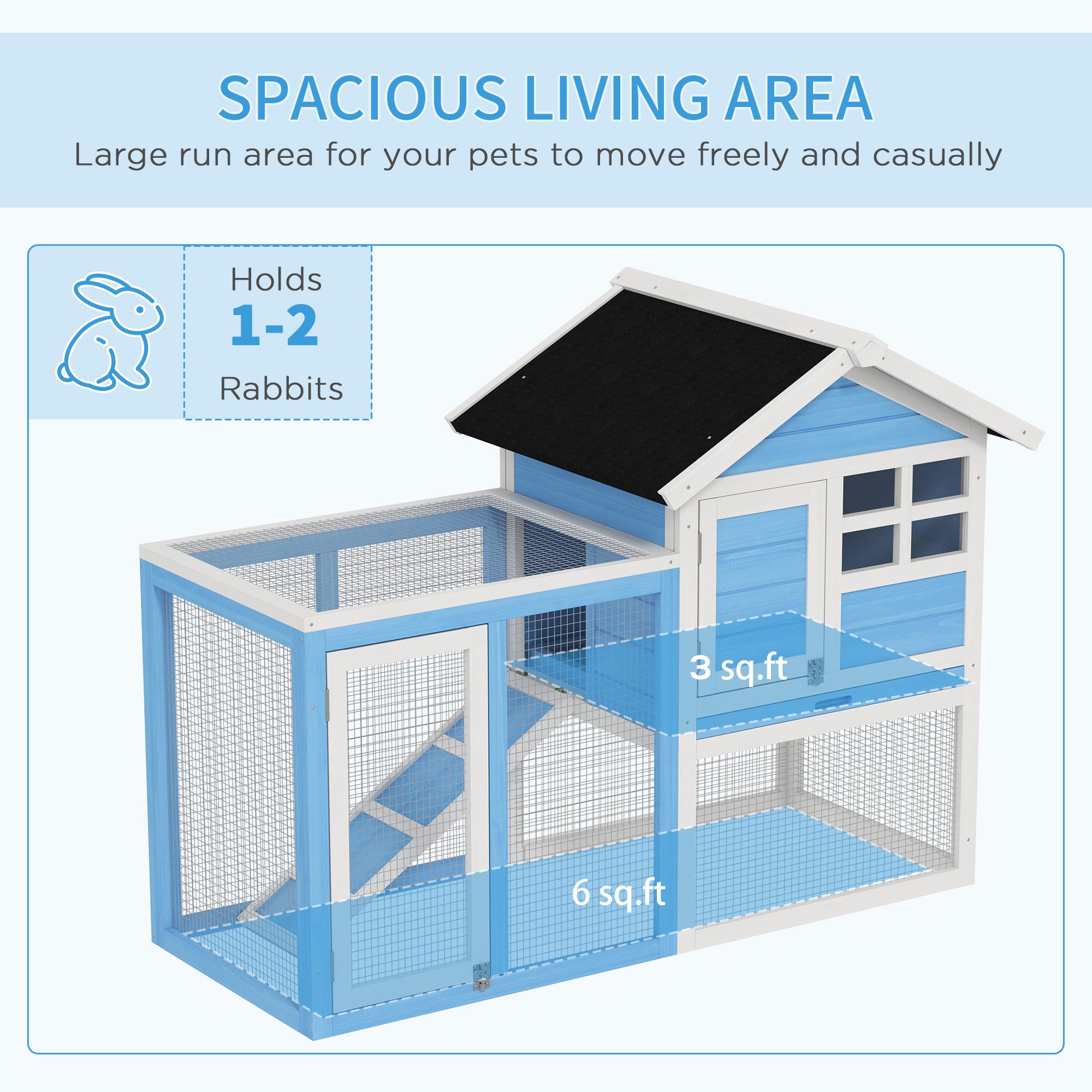 48" Wooden Rabbit Hutch Bunny Cage with Waterproof Asphalt Roof, Fun Outdoor Run, Removable Tray and Ramp, for Rabbits, Chickens, Ducks, Light Blue - Sky Blue - Image 4