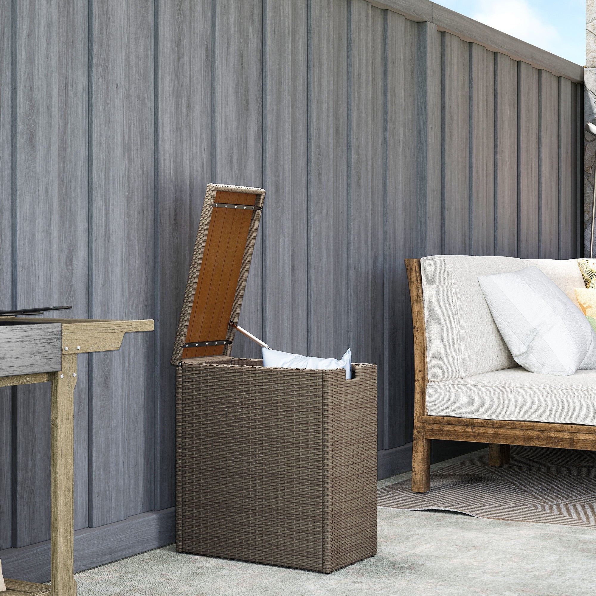 17-Gallon Small Deck Box, Wicker Outdoor Storage Box with Acacia Wood Top for Patio Cushions and Garden Tools, Teak - Teak - Image 2