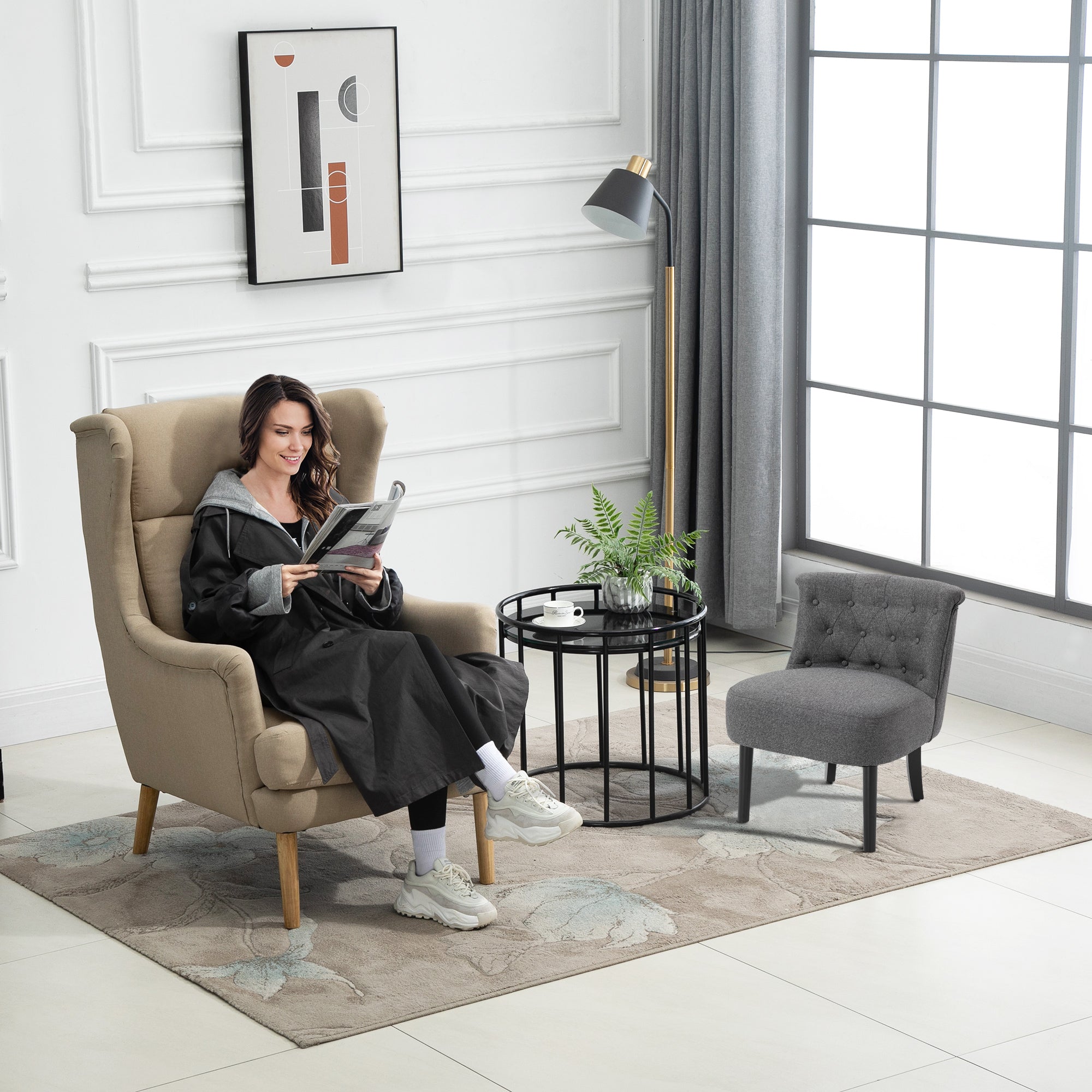 Modern Accent Leisure Chair with Mid Back Button-Tufted Upholstered Fabric and Wooden Legs for Living Room and Bedroom, Grey