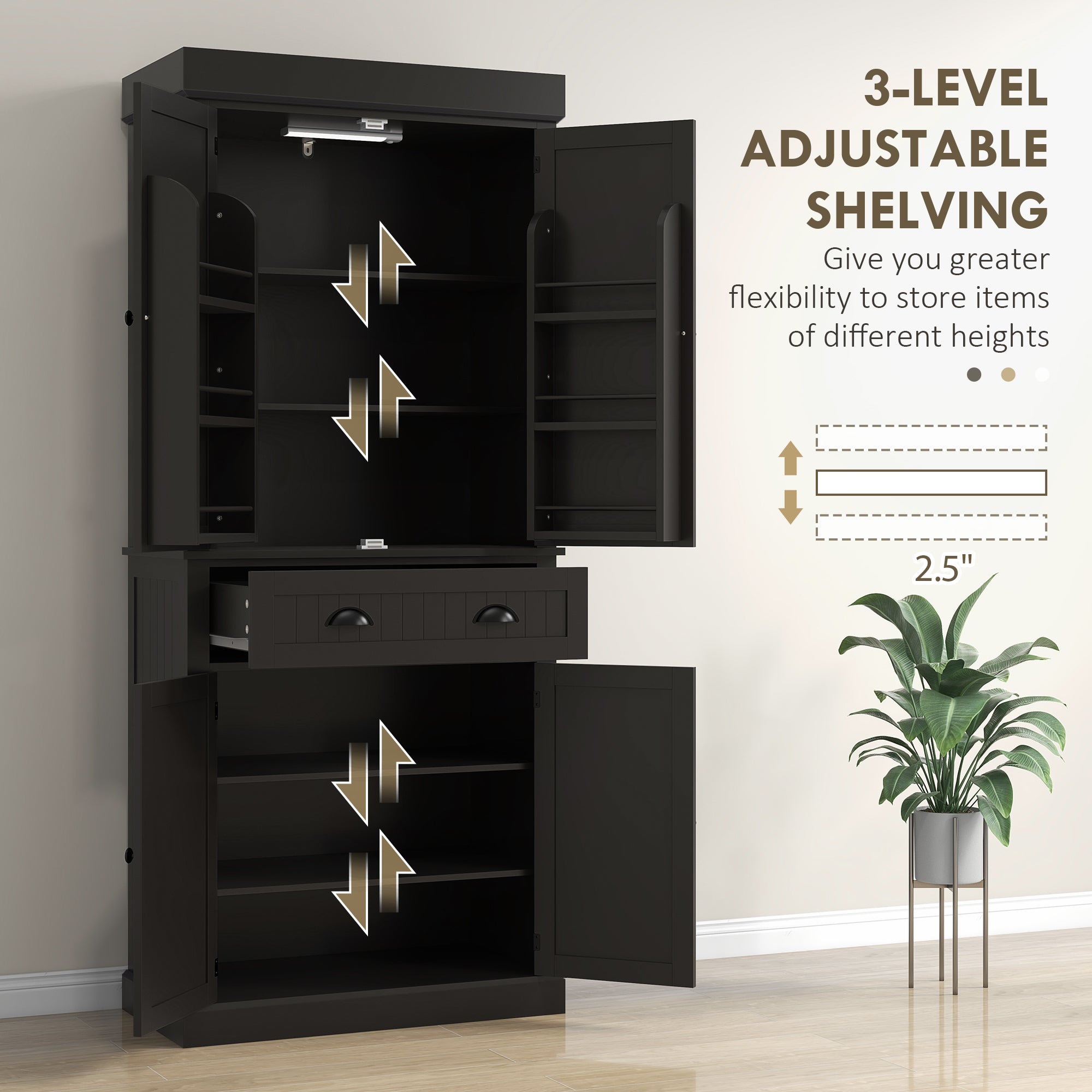 71" Kitchen Pantry Cabinet with LED Lights, 6 Door Shelves, a Drawer and 4 Adjustable Shelves, Black