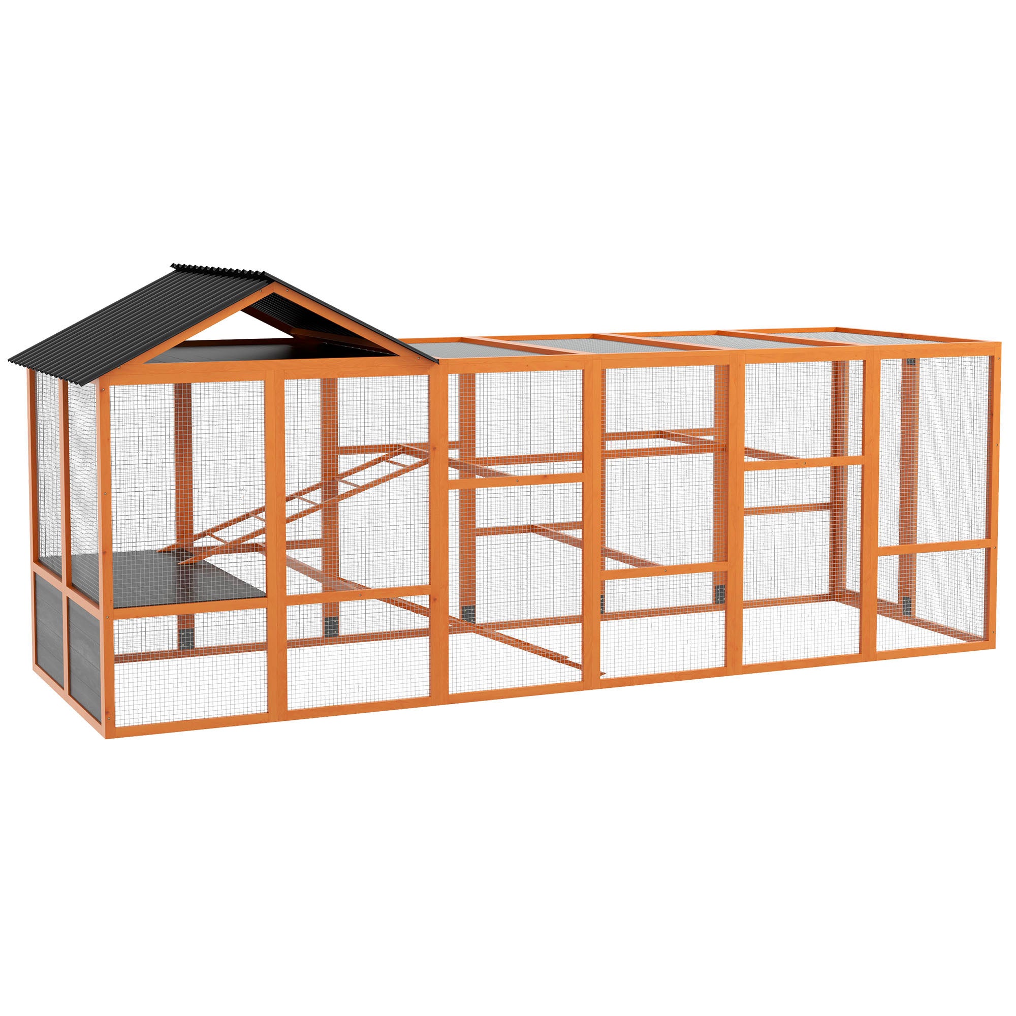Wooden Chicken Coop Run for 6 - 10 Chickens, Hen House Add-On with Storage, Perches, 141.75" x 48" x 61", Orange - Orange