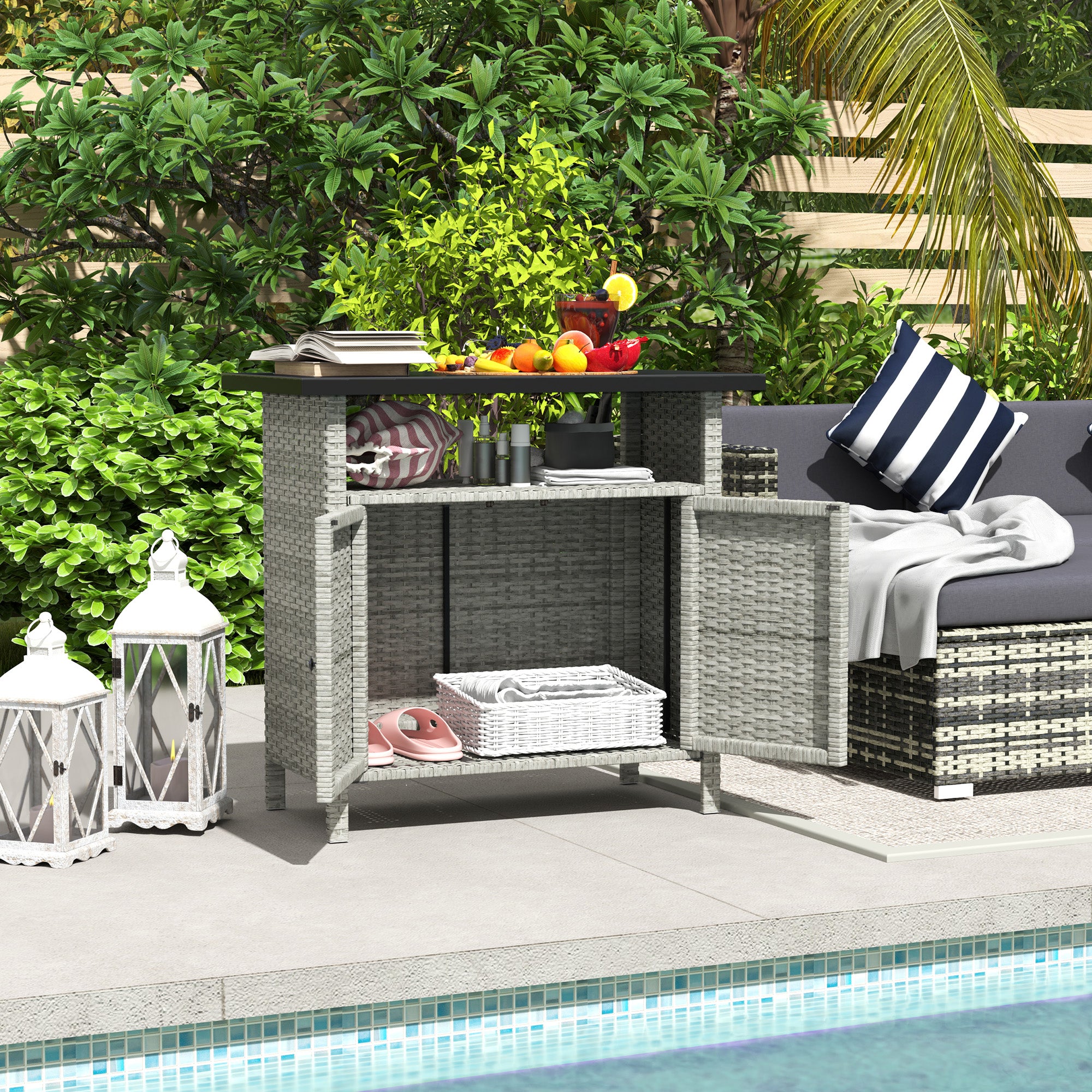 Wicker Outdoor Storage Cabinet with Two Doors and Shelf for Outdoor Pool Towel Storage, Gray - Gray - Image 2