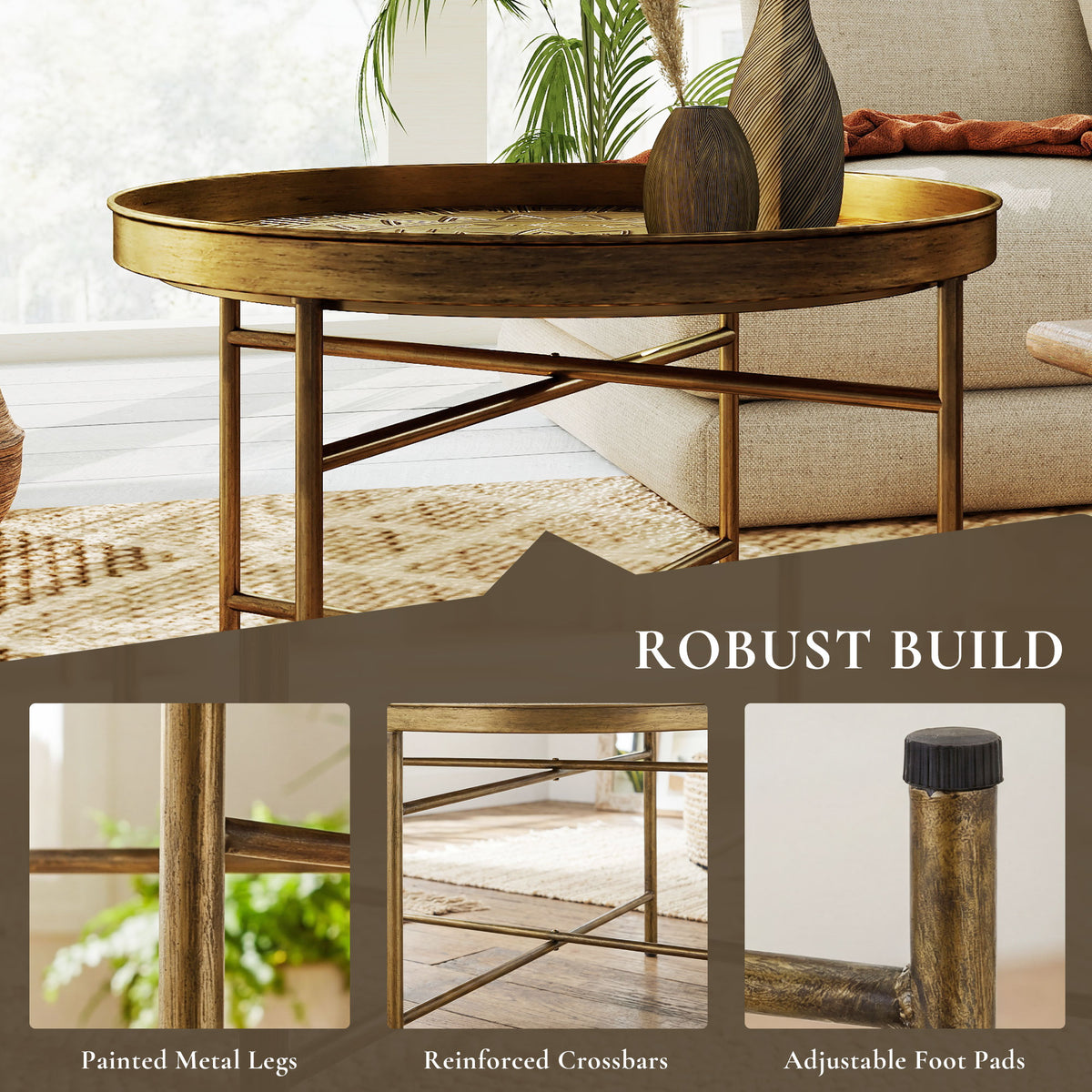 Coffee Table for Living Room, 24" Round Center Table with Hammered Tray Top and Metal Frame for Bedroom, Gold