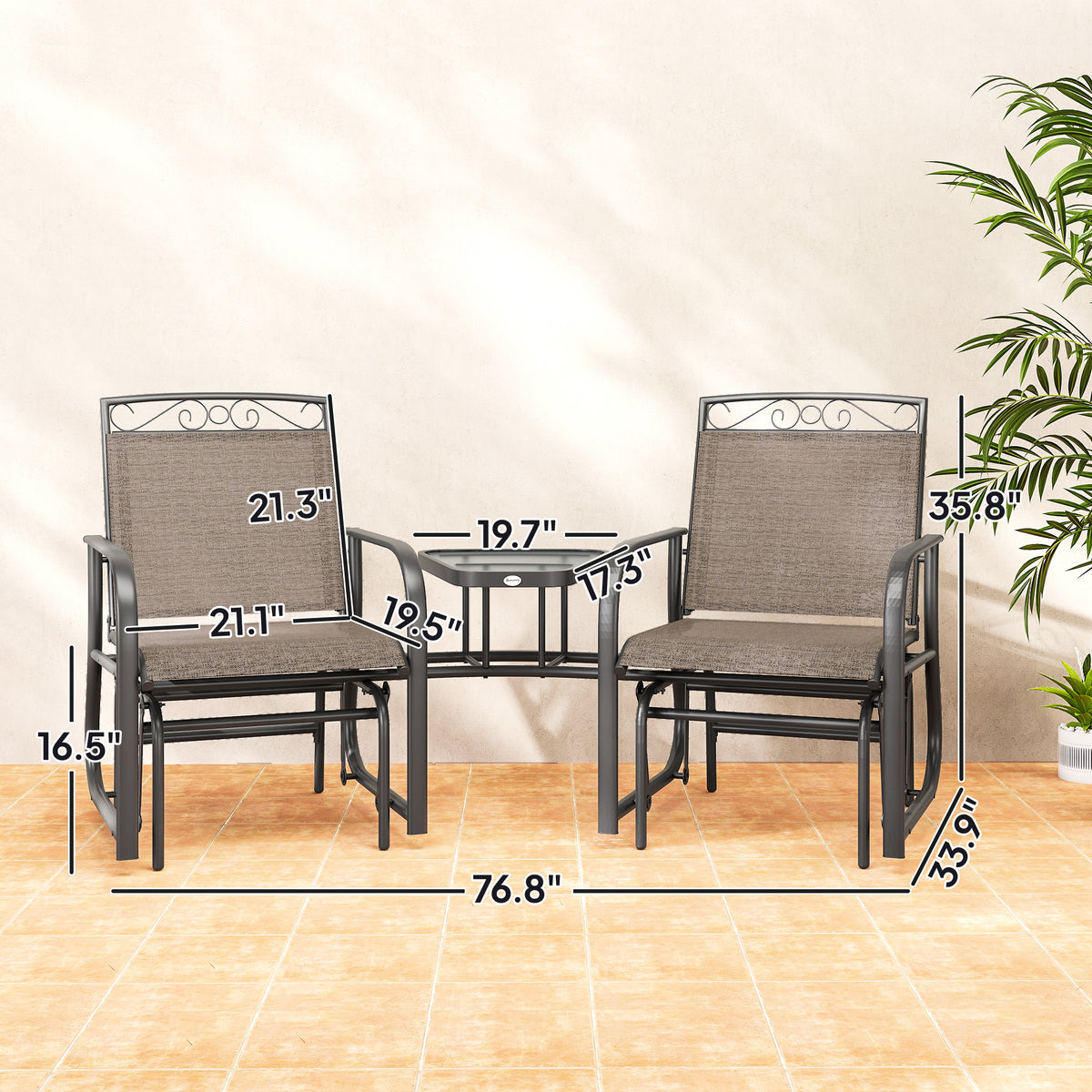 Outdoor Glider Chairs with Coffee Table, Patio 2-Seat Rocking Chair Swing with Breathable Sling for Backyard, Garden and Porch, Brown