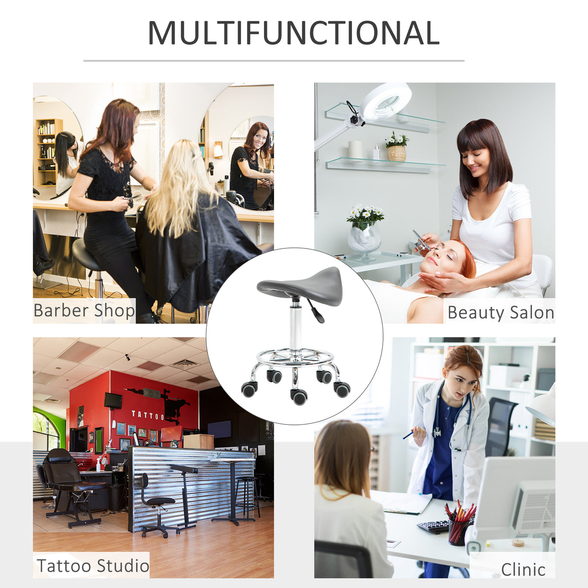 PU Leather Adjustable Stool, Rolling Saddle Stool with Wheels for Massage, Spa, Clinic, Beauty and Tattoo, Gray