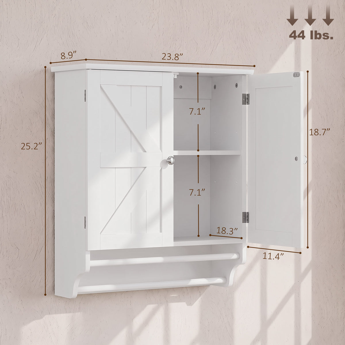 Bathroom Wall Cabinet, Medicine Cabinet with Adjustable Shelf, 2 Doors & Towel Racks, 23.8" x 8.9" x 25.2", White