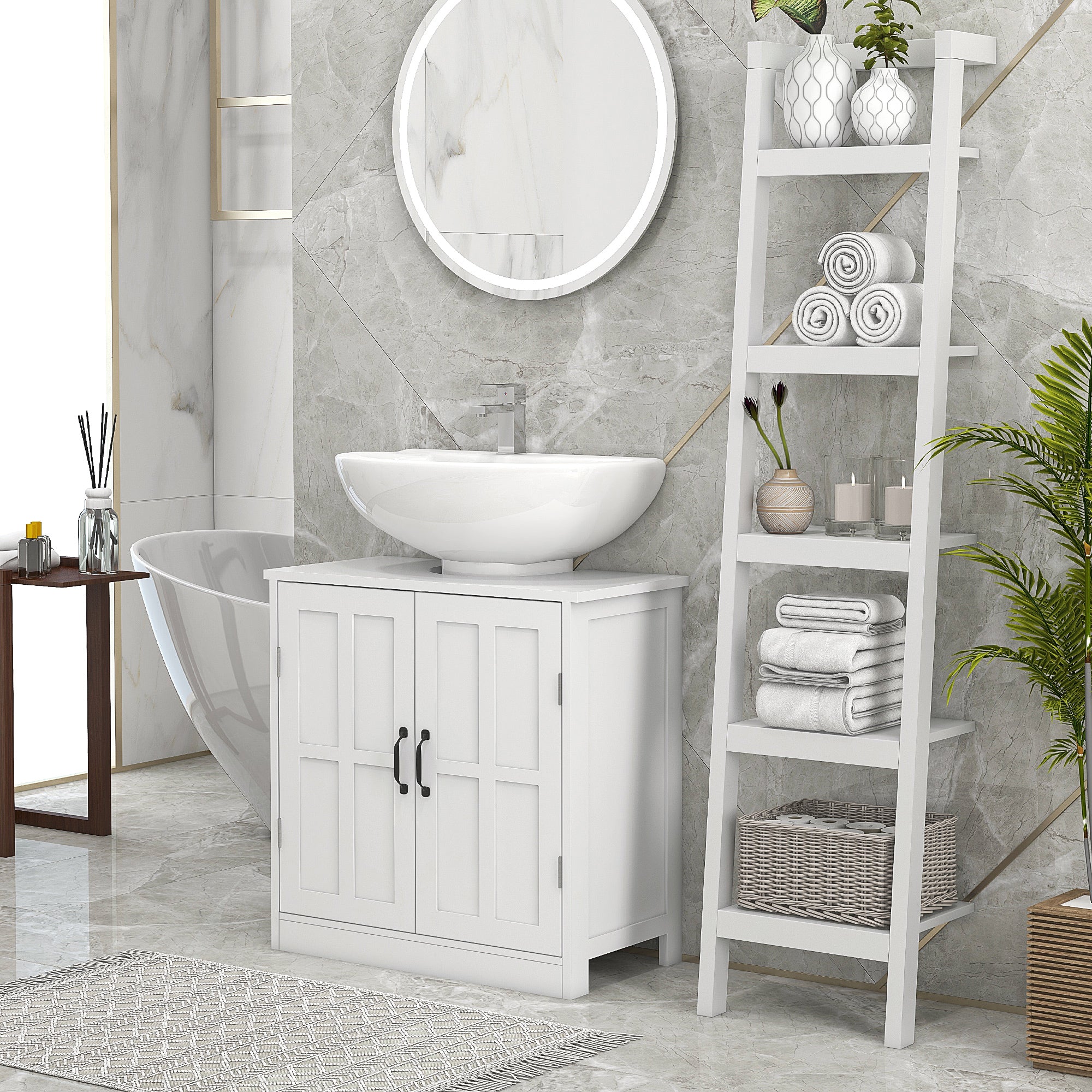 Pedestal Sink Storage Cabinet, Under Sink Cabinet with 2 Doors and Adjustable Shelf, Bathroom Vanity with U-Shape Cut-Out, White