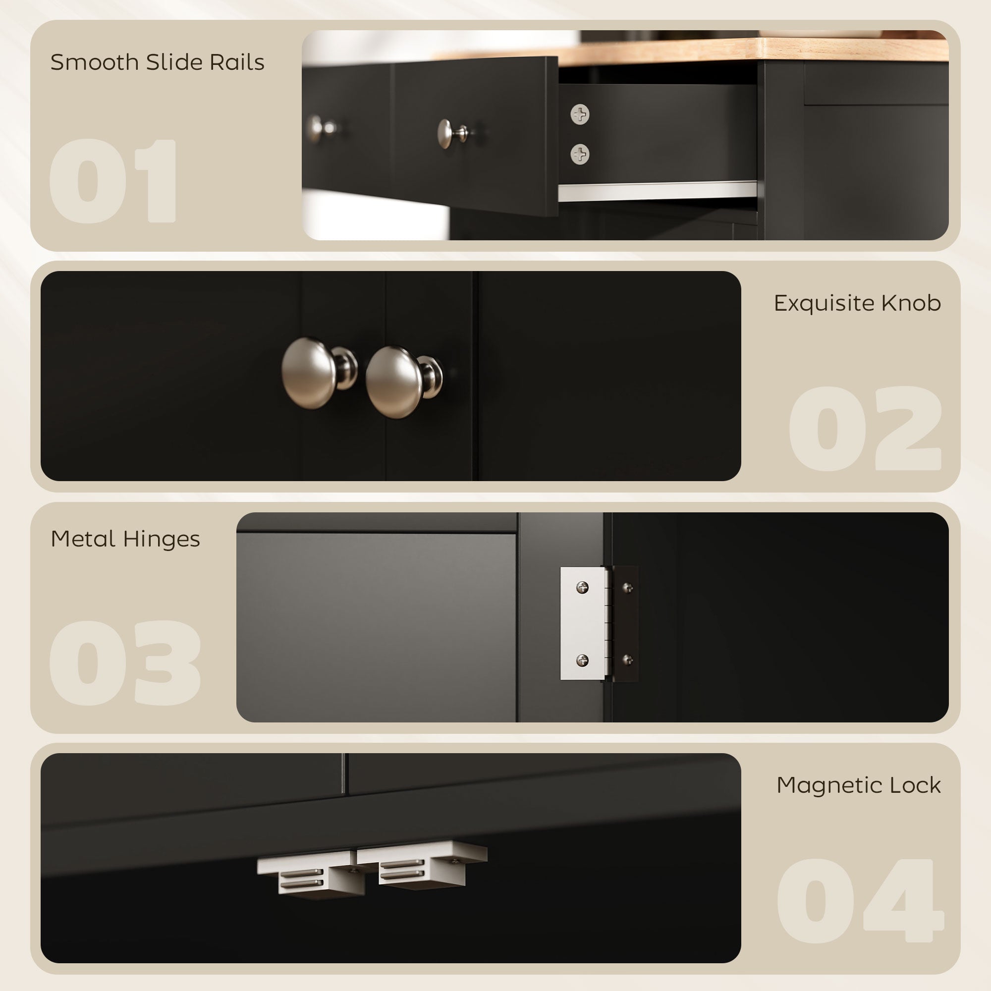 Kitchen Storage Cabinet, Sideboard Floor Cupboard with Solid Wood Top, Adjustable Shelf, and 2 Drawers, Black
