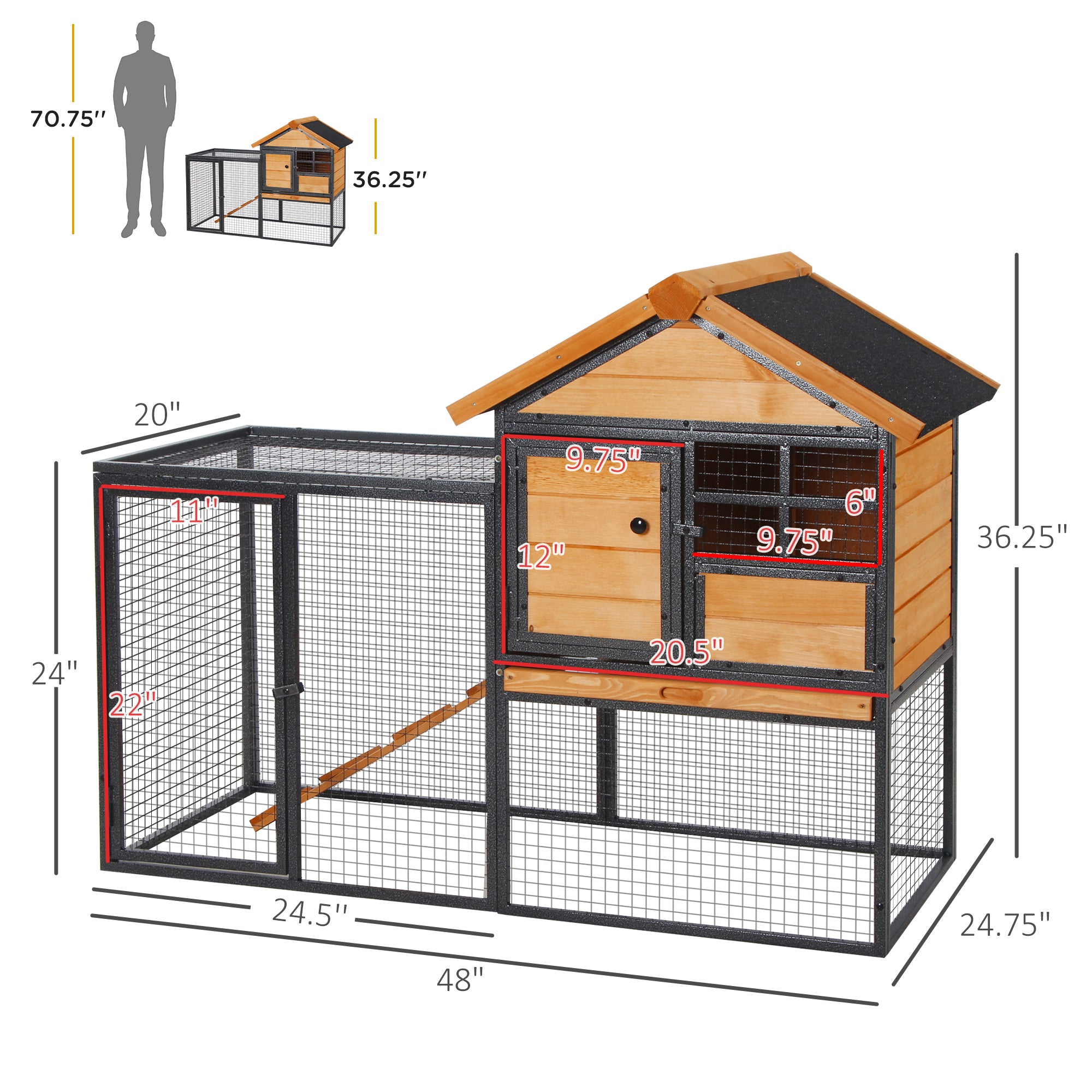 Outdoor Rabbit Cage Elevated Pet House w/ Slide-Out Tray, Natural Wood & Black - Light Yellow - Image 3