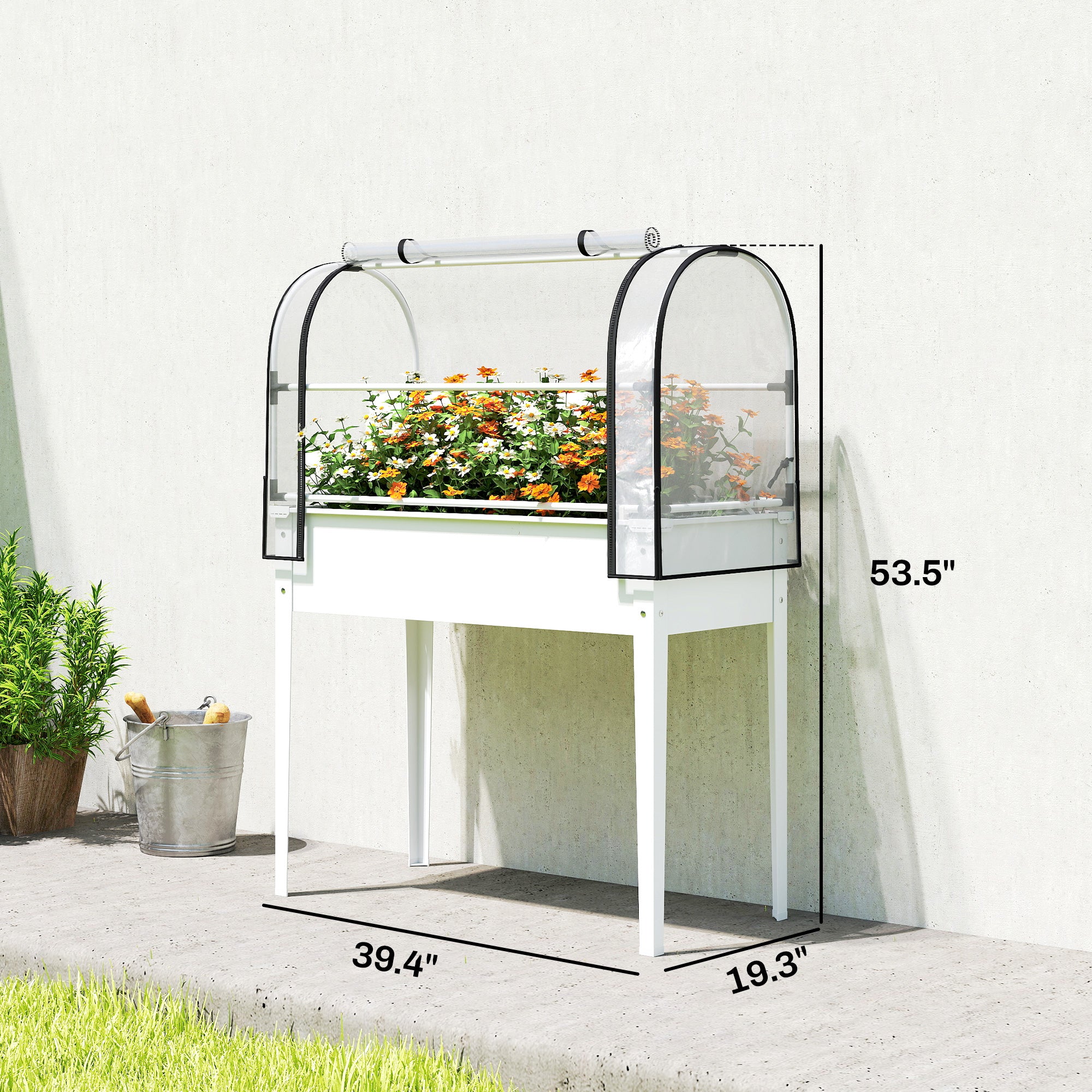 Raised Garden Bed with Flip-Up Greenhouse Cover, Metal Elevated Garden Bed with Legs and Drainage Hole, White - White - Image 3