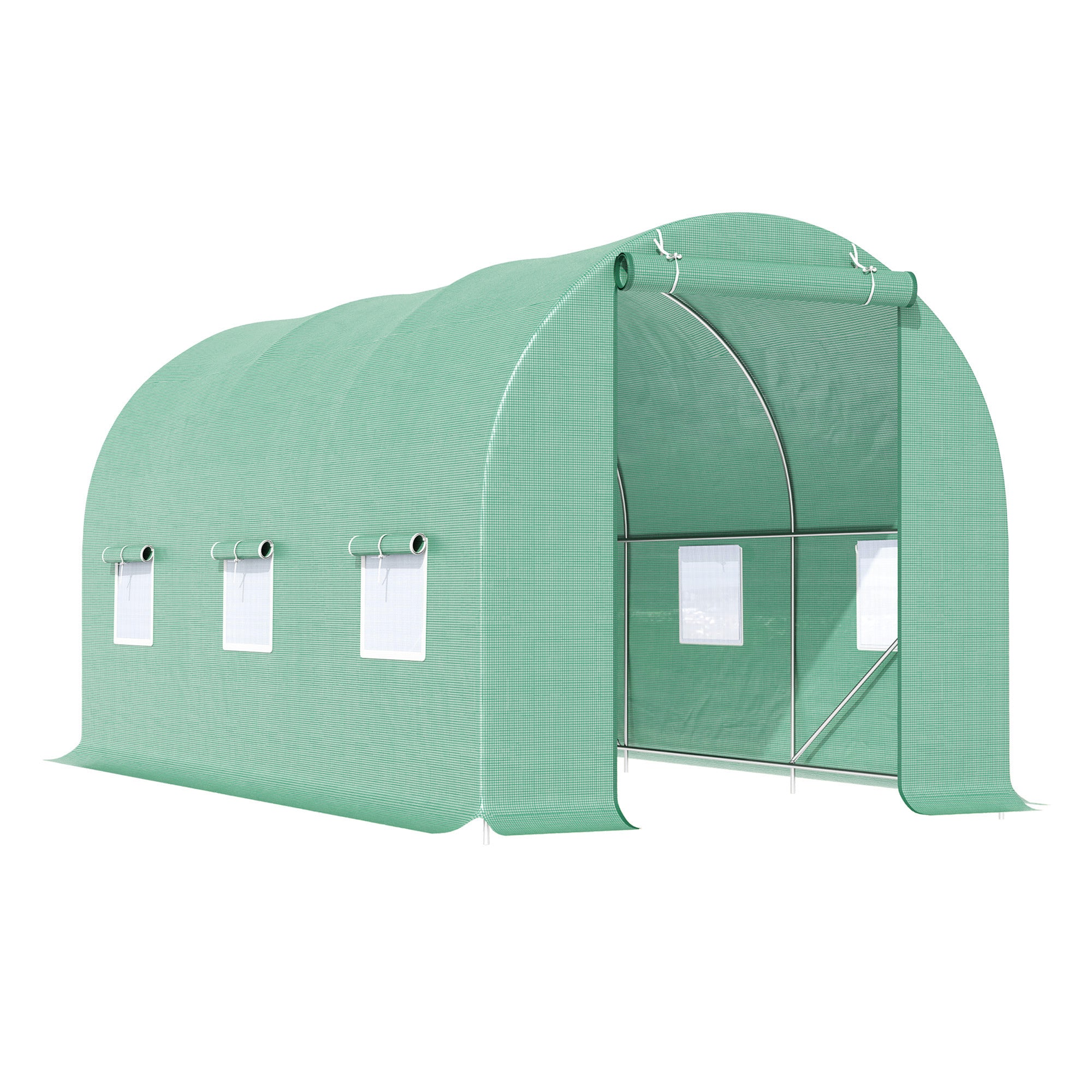 15' x 7' x 7' Walk-in Tunnel Hoop Greenhouse, Green House for Outside with PE Cover, Steel Frame, Roll-Up Zipper Door & Windows for Flowers, Vegetables, Tropical Plants, Green - Green