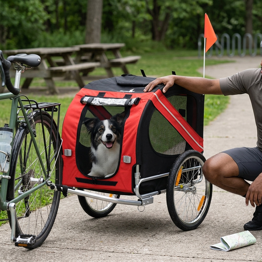 Dog Bike Trailer, Pet Wagon Bicycle Trailer with Easy Folding Cart Frame, 20" Large Rubber Wheels, 3 Entrances, Mesh Screen, Pet Bike Trailer for Off-Road & Travel, Red and Black