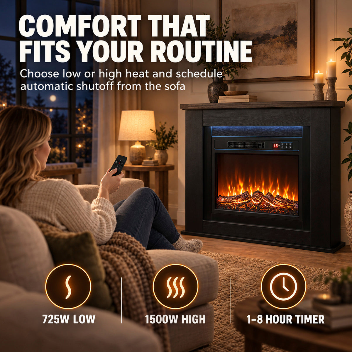 40" Electric Fireplace with Mantel, LED Strip, Fireplace TV Stand for 55" TVs, Adjustable Flame, Black