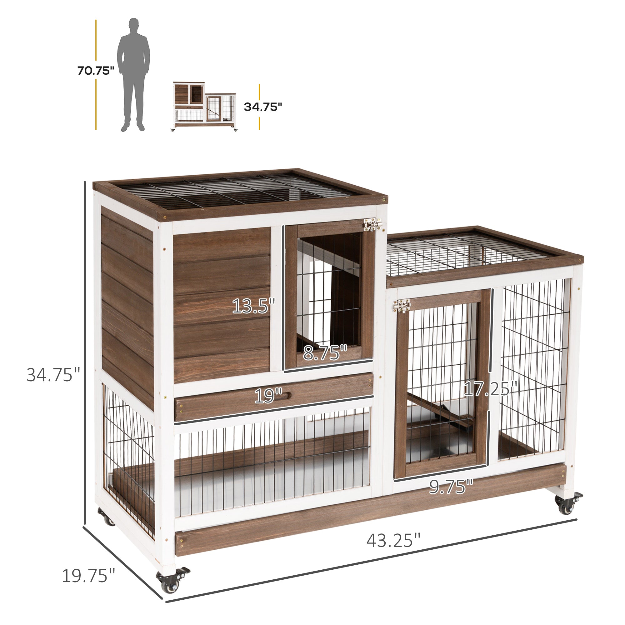 Wooden Rabbit Hutch Elevated Bunny Cage Indoor Small Animal Habitat with Enclosed Run with Wheels, Ramp, Removable Tray for Rabbits, Chickens, Ducks, Guinea Pigs, Brown - Brown - Image 3