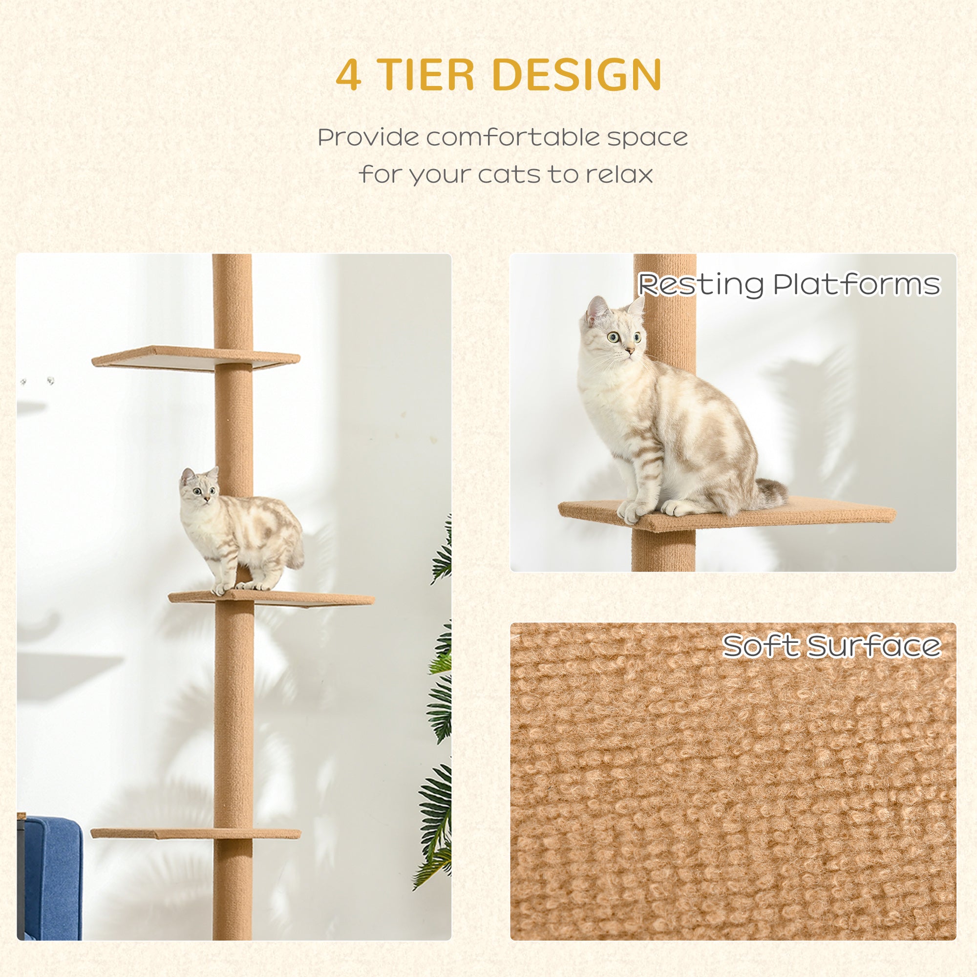 Floor-to-Ceiling Cat Tree Cat Climbing Tower with Sisal-Covered Scratching Posts Natural Cat Tree Activity Center for Kittens Cat Tower Furniture, Brown - Brown - Image 6