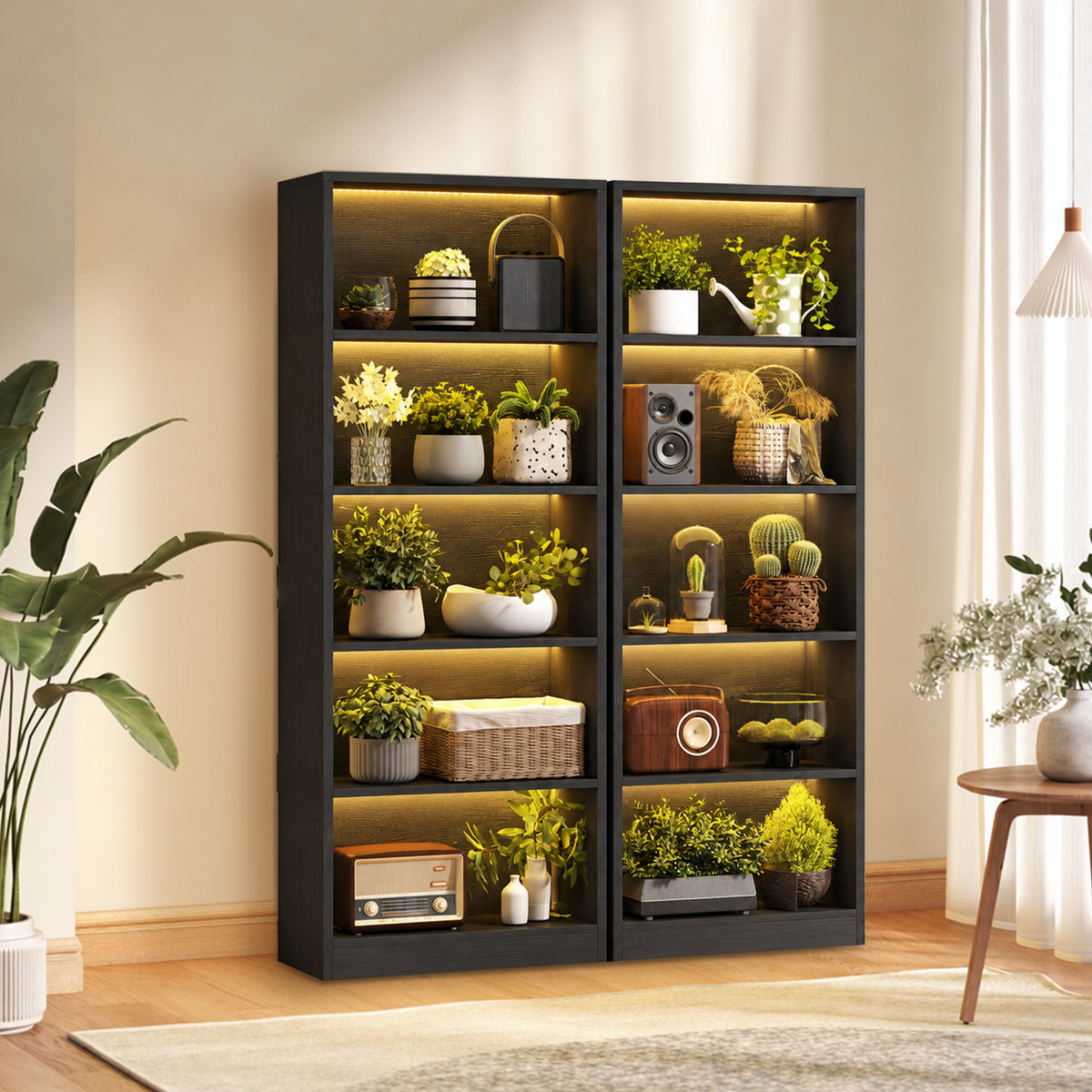 Bookshelf with LED Lights, 5-Tier Bookcase, Cable Holes, for Living Room, Study, Black Wood Grain