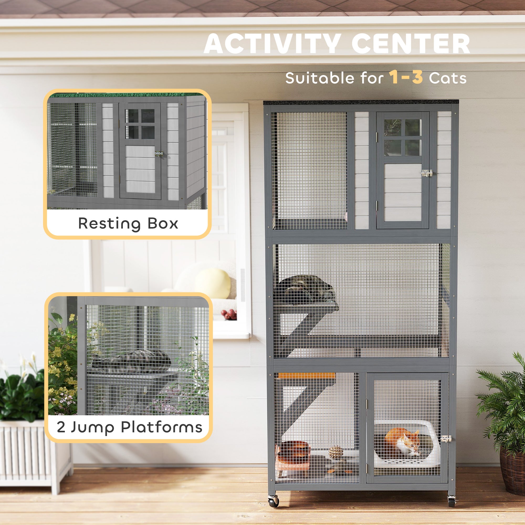 74" Wooden Outdoor Cat House Catio with High Weight Capacity, Cat Cage Condo, Dark Gray - Light Gray - Image 4
