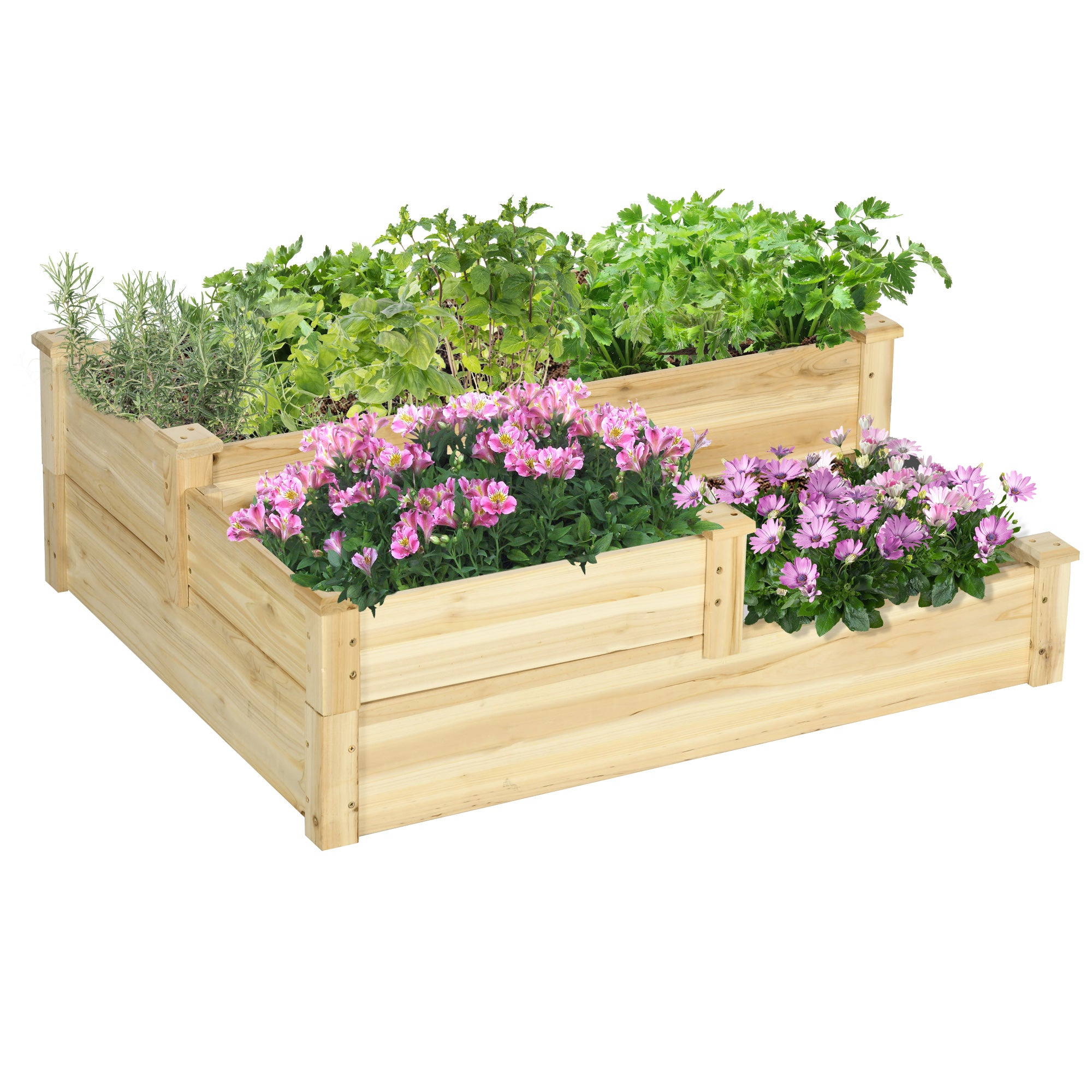 3 Tier Raised Flower Bed Outdoor Planter Box Wooden Garden Bed, Open Bottom for Plants, 42.5"x34.75"x14.25", Natural - Natural Wood